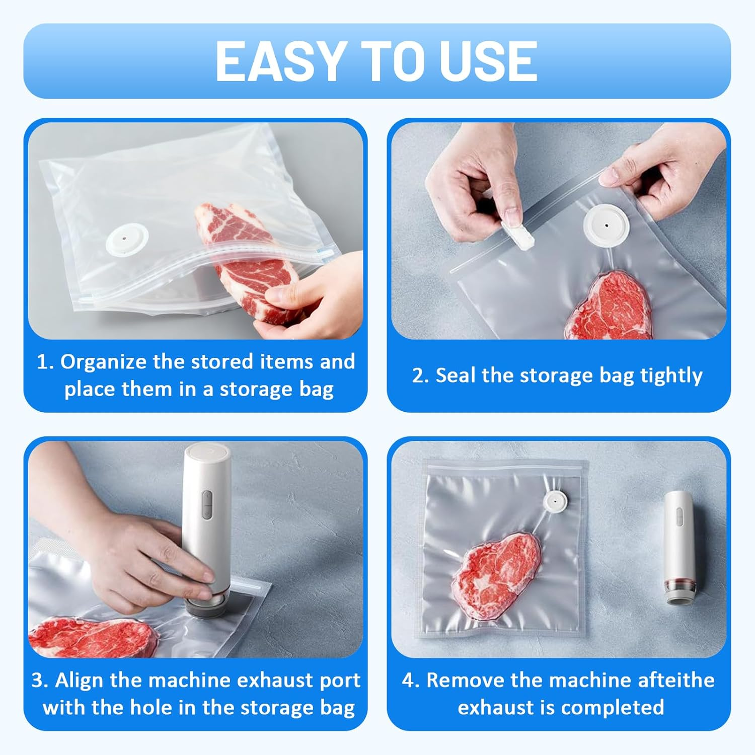 Vier Schritte zur Vakuumversiegelung von Fleisch in einer Tasche mit einem kleinen Gerät.