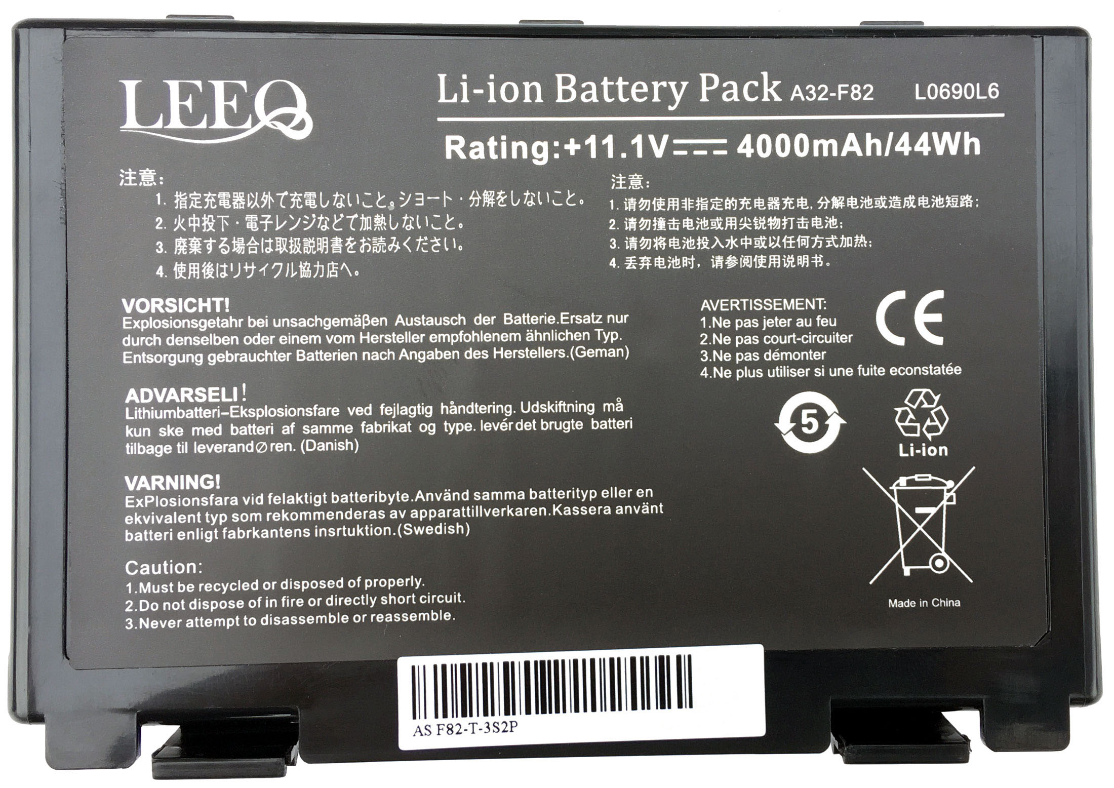 Czarny akumulator Li-ion LEEQ, 11.1V, 4000mAh. Zawiera ostrzeżenia.