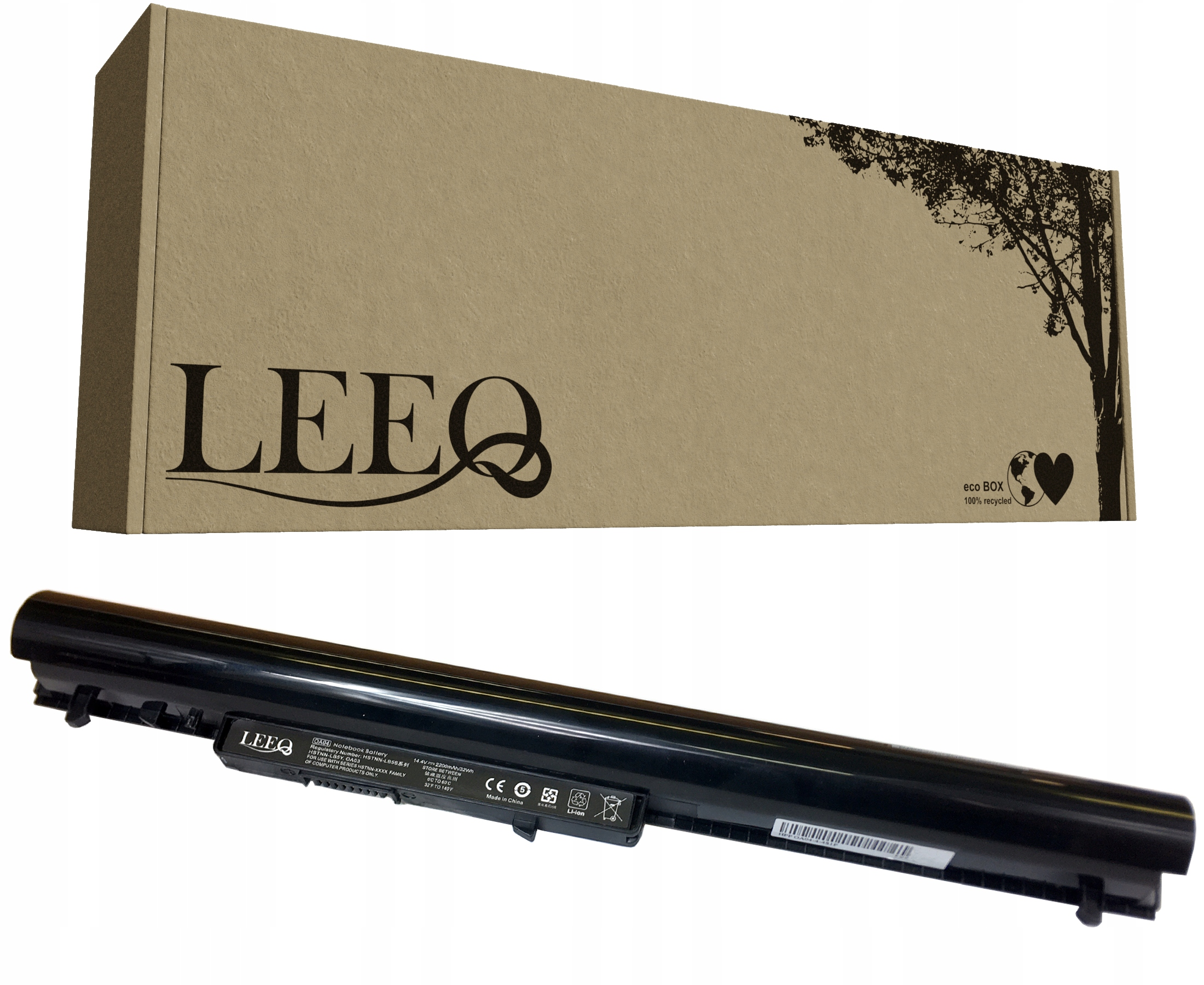 Czarna bateria laptopa z logo LEEQ poniżej kartonu z logo LEEQ.