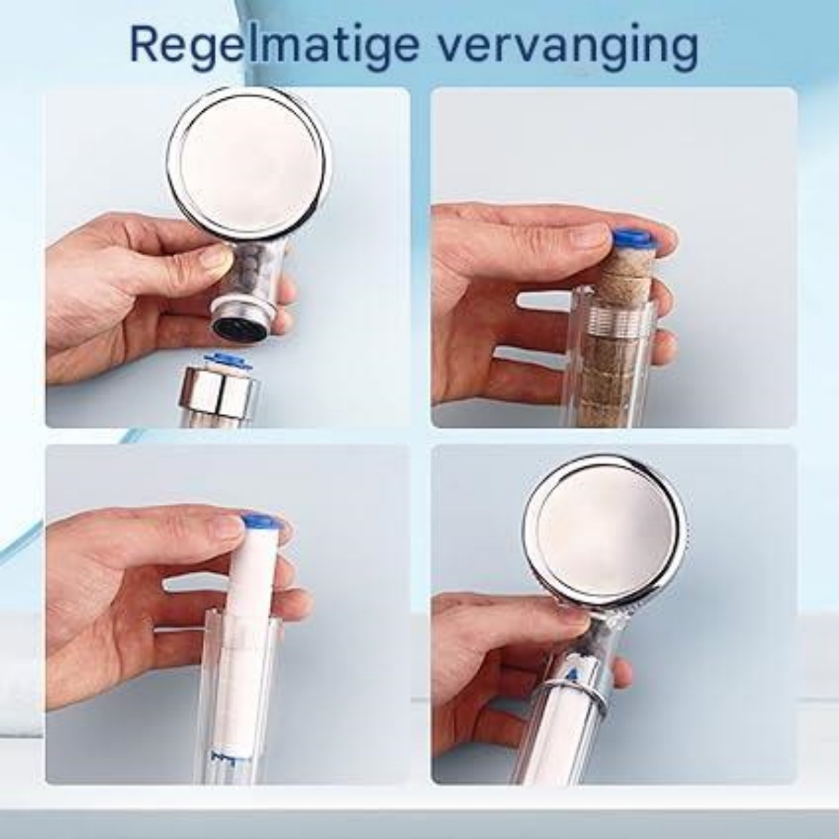 Schritt-für-Schritt-Anleitung zum Wechseln eines Duschkopffilters.