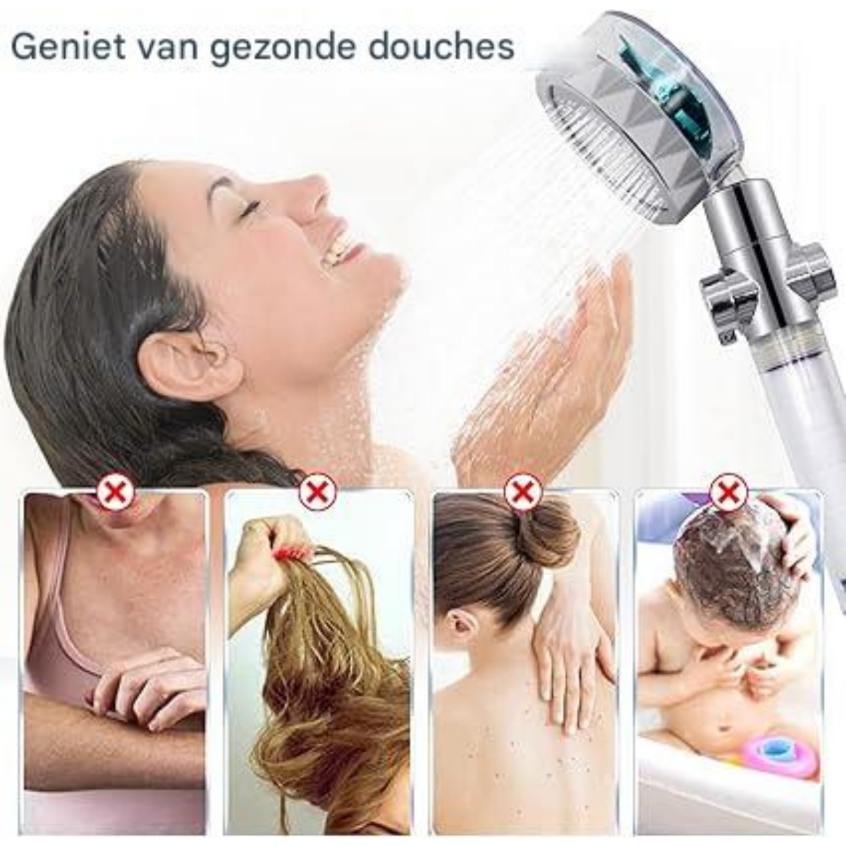 Eine Frau genießt eine Dusche, daneben sind vier negative Beispiele für Haut, Haare und ein Baby.