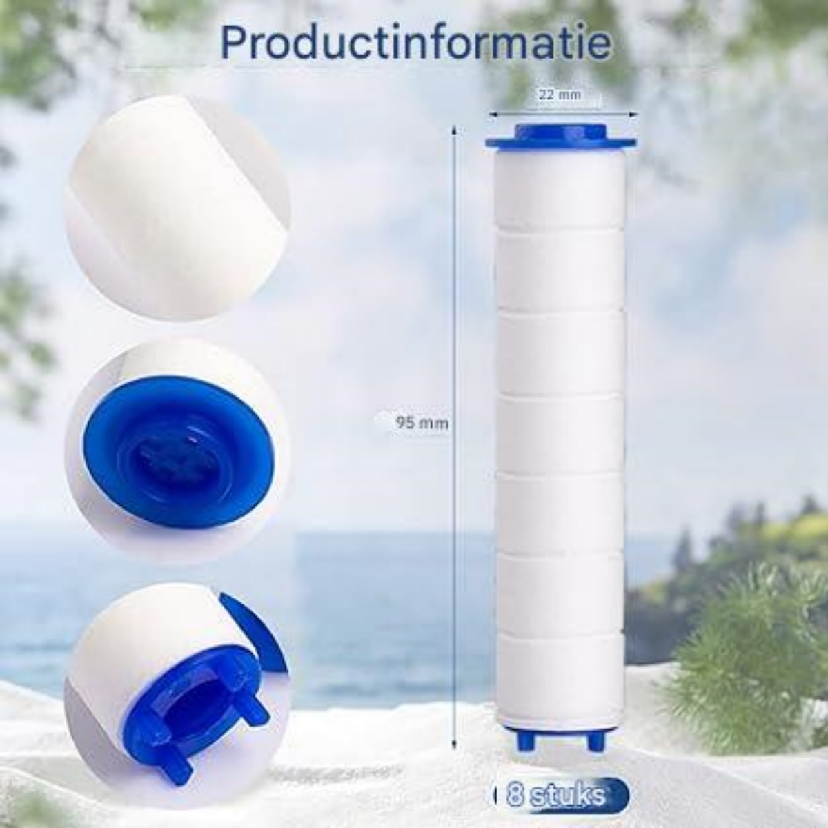 Ein weißer Wasserfilter mit blauem Kopf und Boden, 95 mm lang, 22 mm breit.