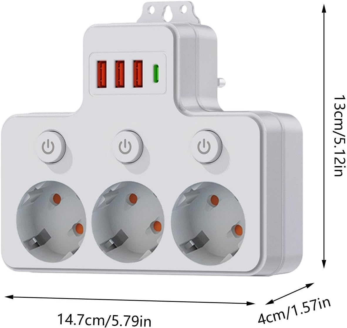 Ein weißer Steckdosenadapter mit drei Steckplätzen und drei USB-Anschlüssen.