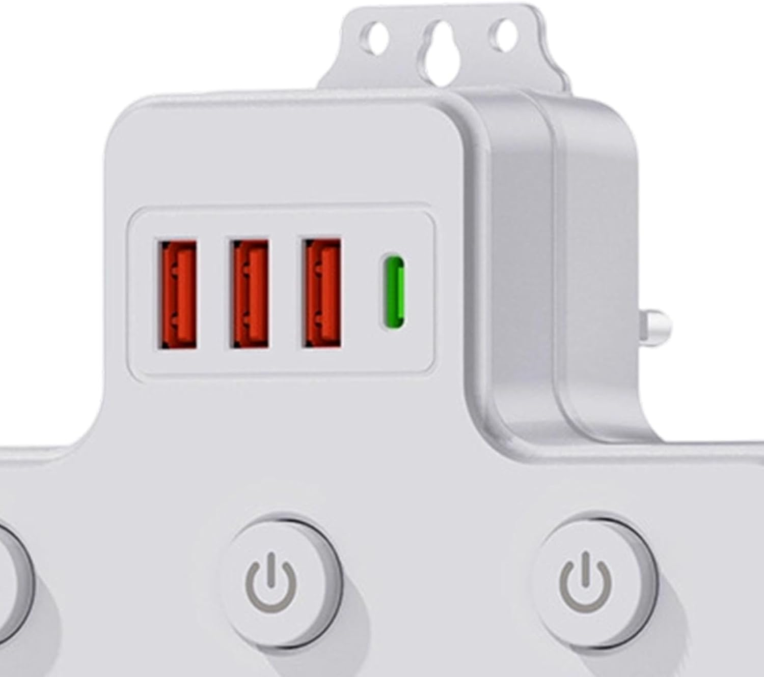 Weiße Steckdosenleiste mit drei roten USB-Anschlüssen und einer grünen LED.
