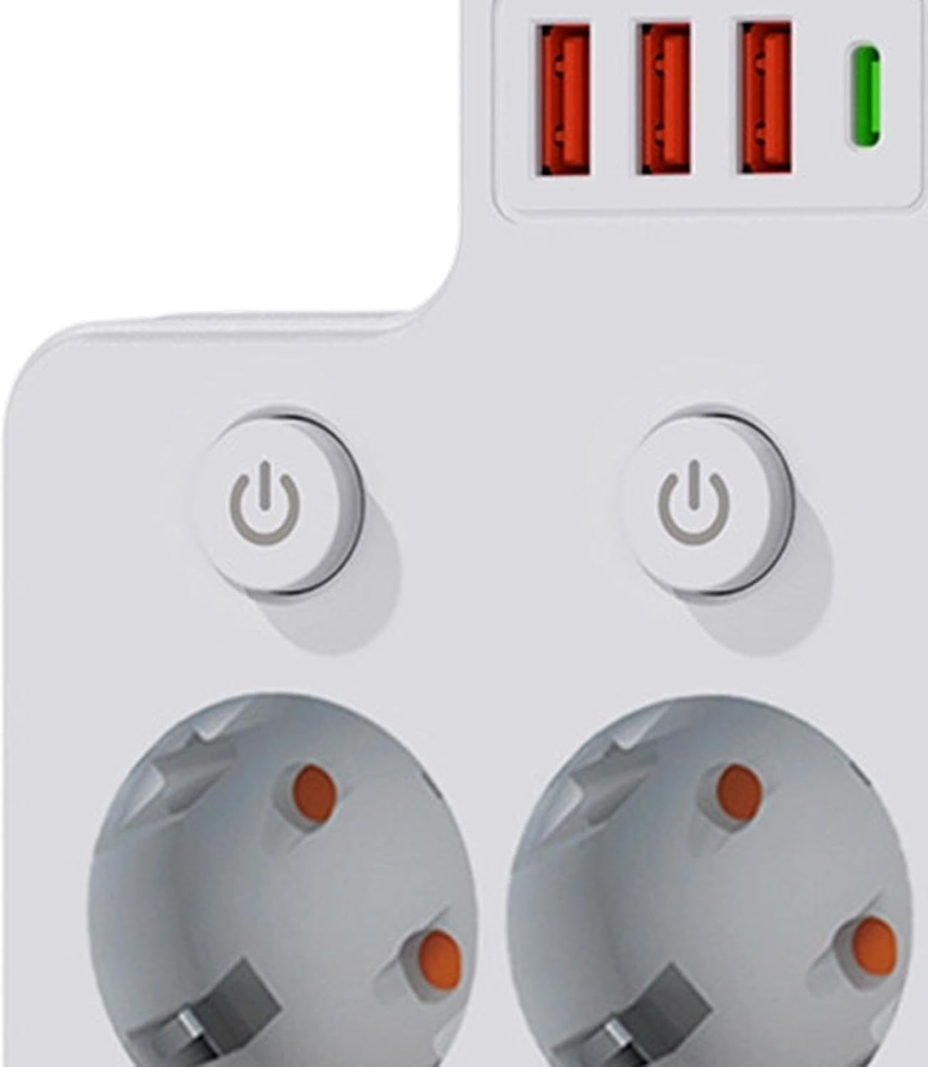 Weiße Steckdosenleiste mit drei USB-Anschlüssen, Power-Button und Steckdosen.