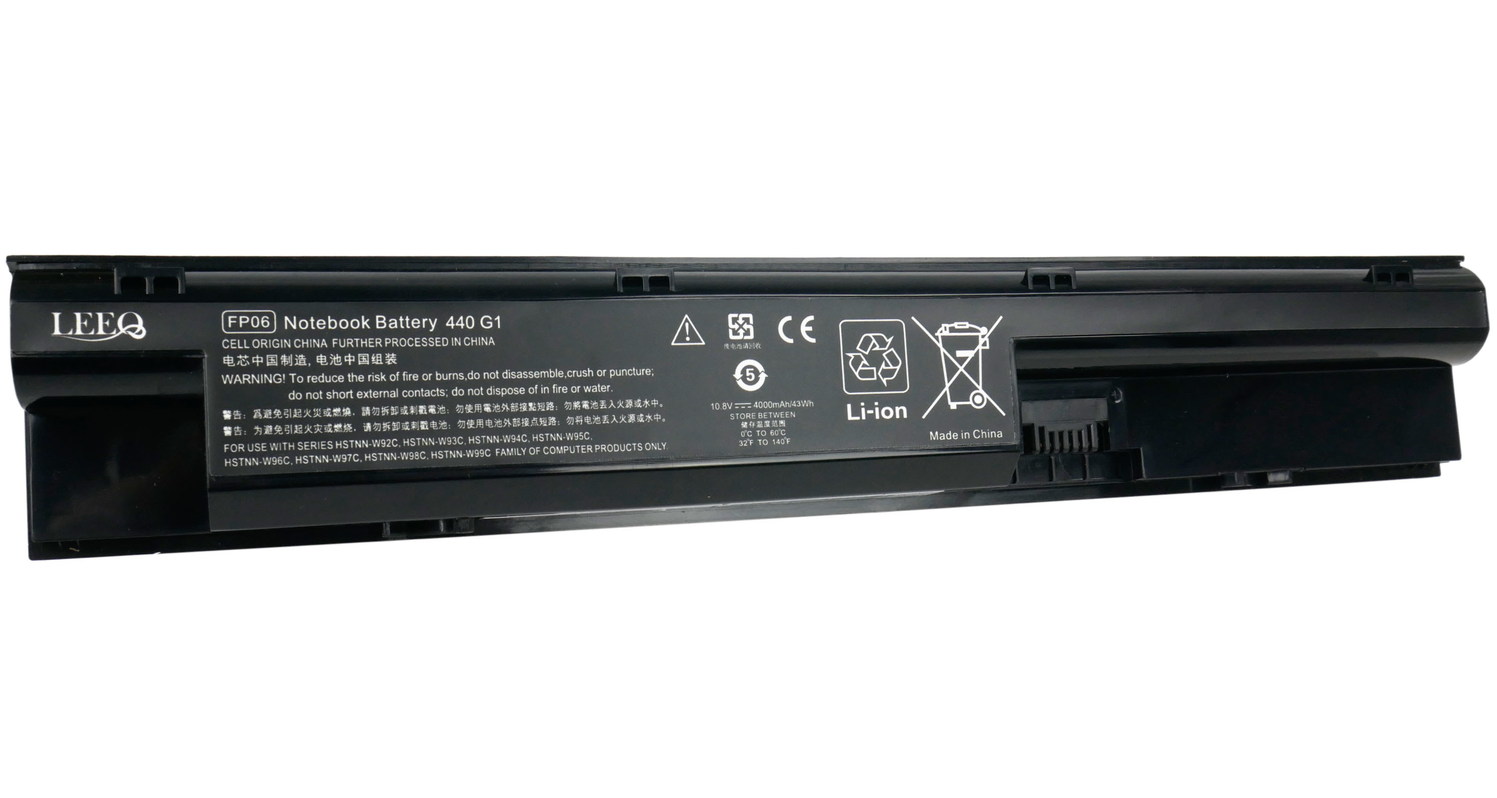 Czarna bateria do laptopa z etykietami: LEEQ, FP06, 440 G1, Li-ion, Made in China.