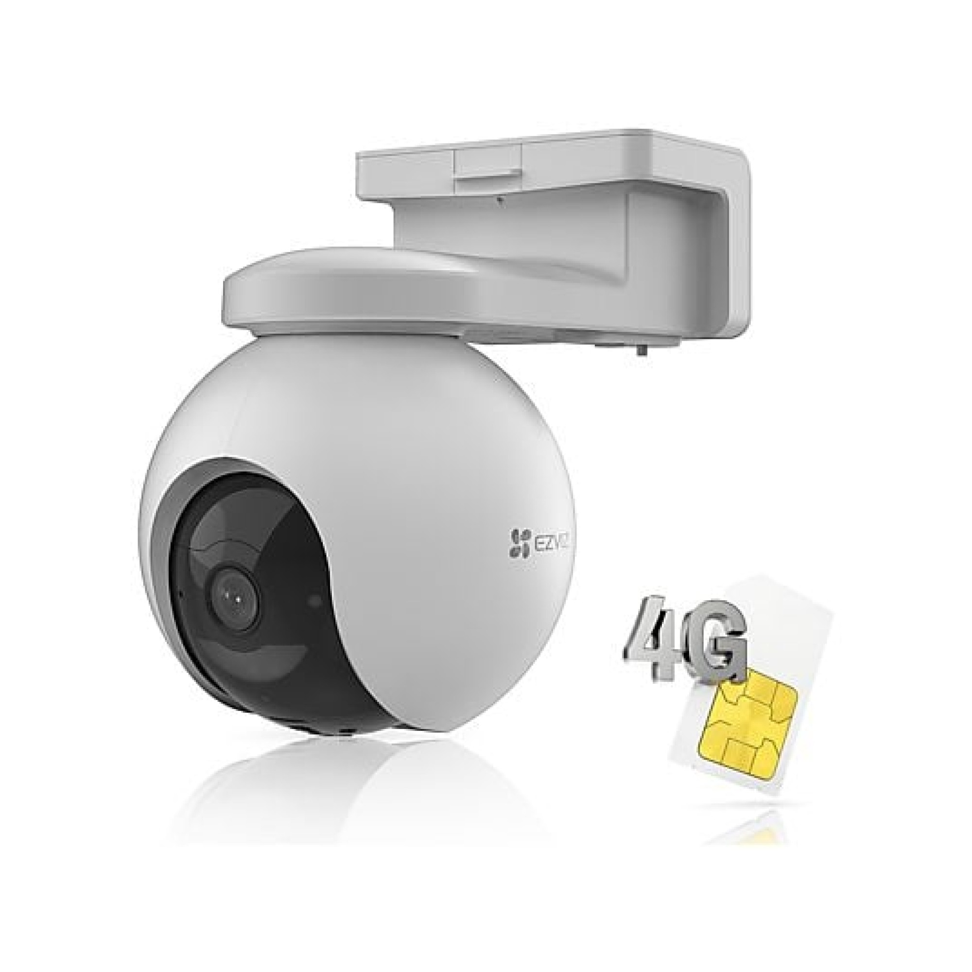 Een witte EZVIZ beveiligingscamera met zwarte lens, gemonteerd op een beugel, met een 4G simkaart.