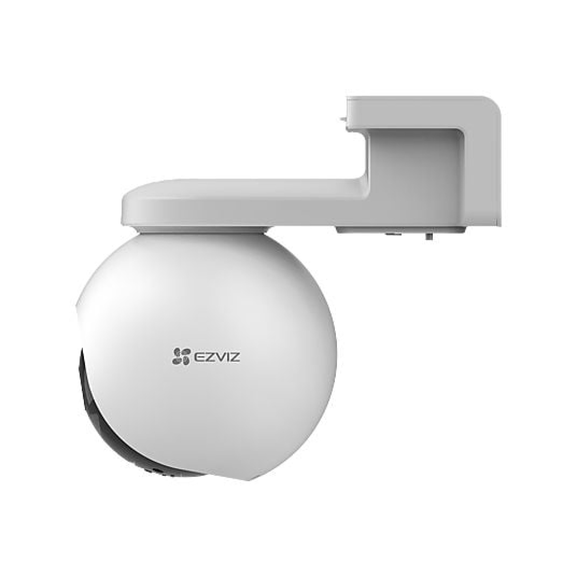 Een witte beveiligingscamera met EZVIZ-logo op een grijze houder.