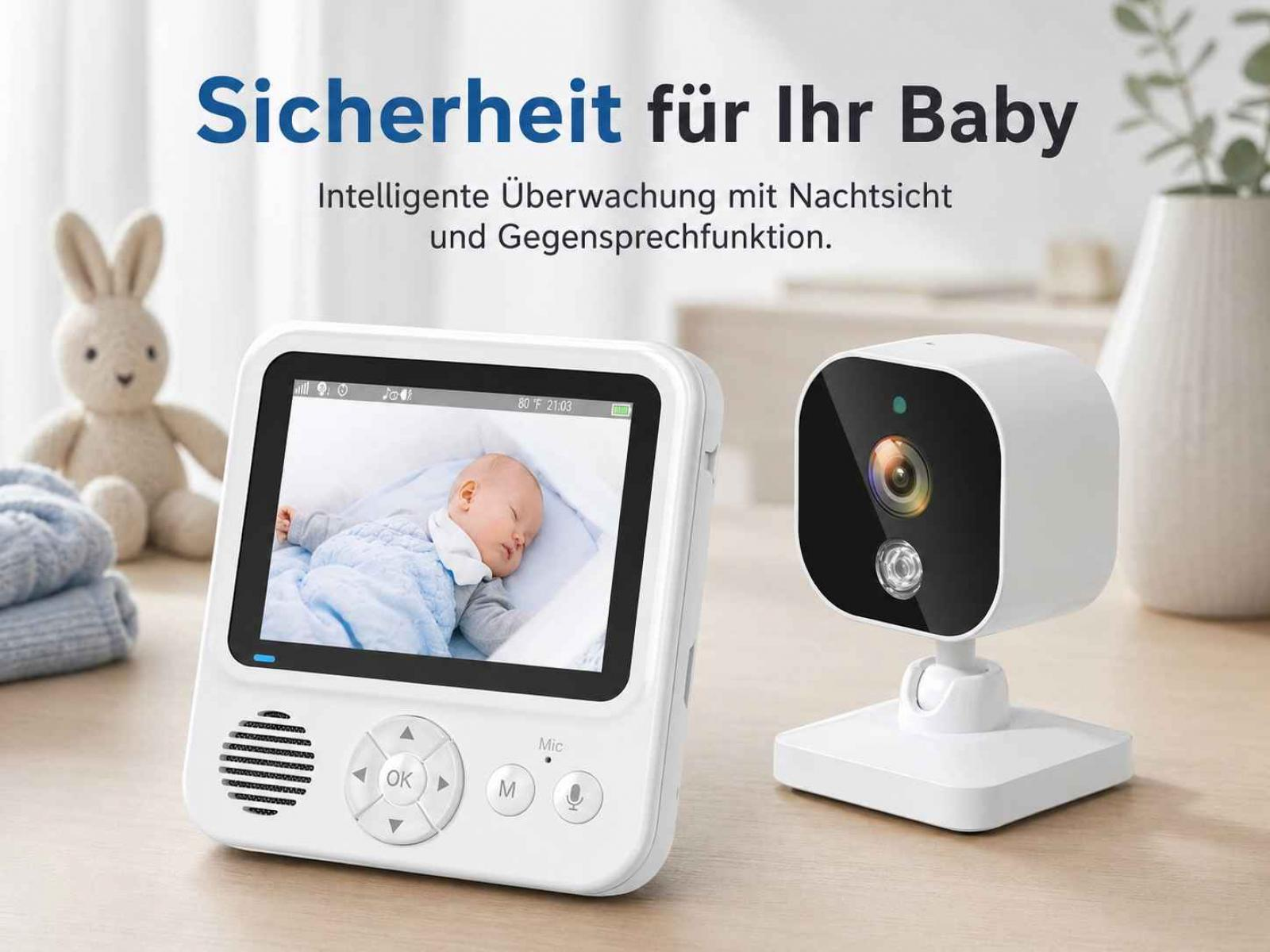Ein Babyphone mit Kamera und Bildschirm zeigt ein schlafendes Baby.