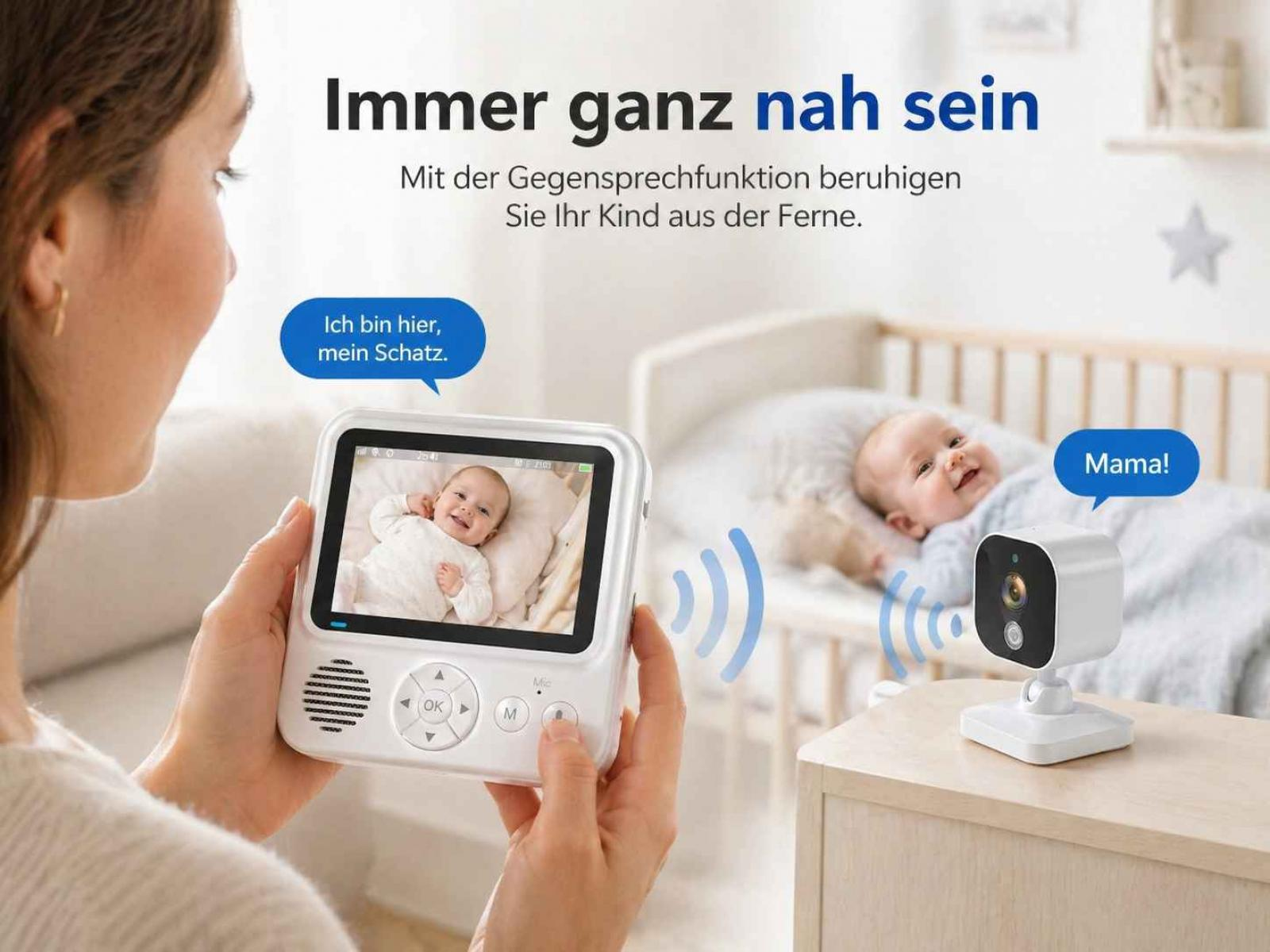 Eine Frau hält einen Baby Monitor, der ein Baby zeigt. Ein Baby liegt im Bett.