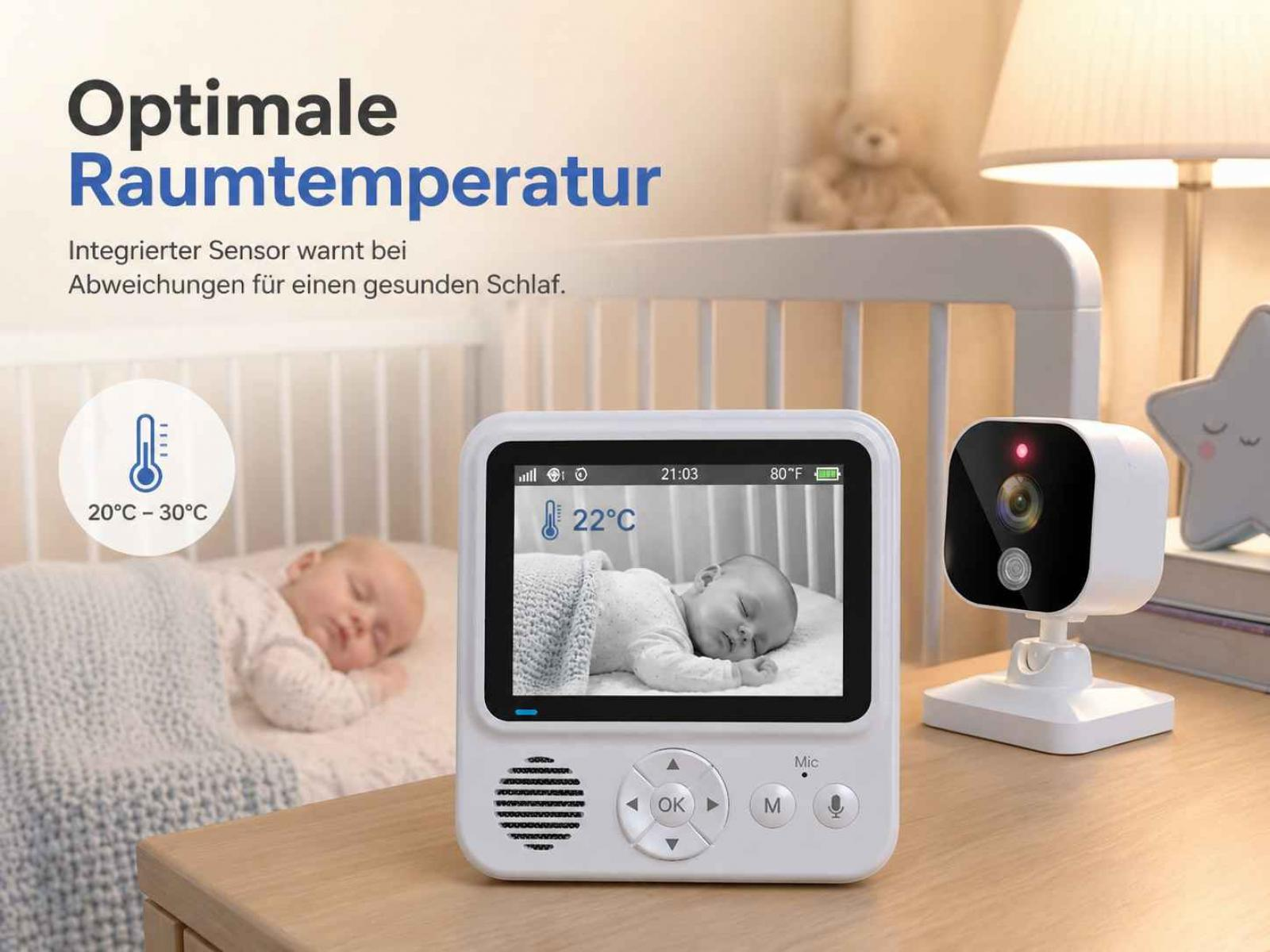 Babyphone zeigt Raumtemperatur von 22°C an, während Baby schläft.