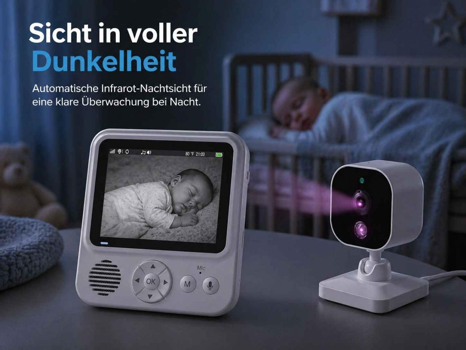 Babyphone mit Kamera zeigt schlafendes Baby. Nachtsicht-Funktion.