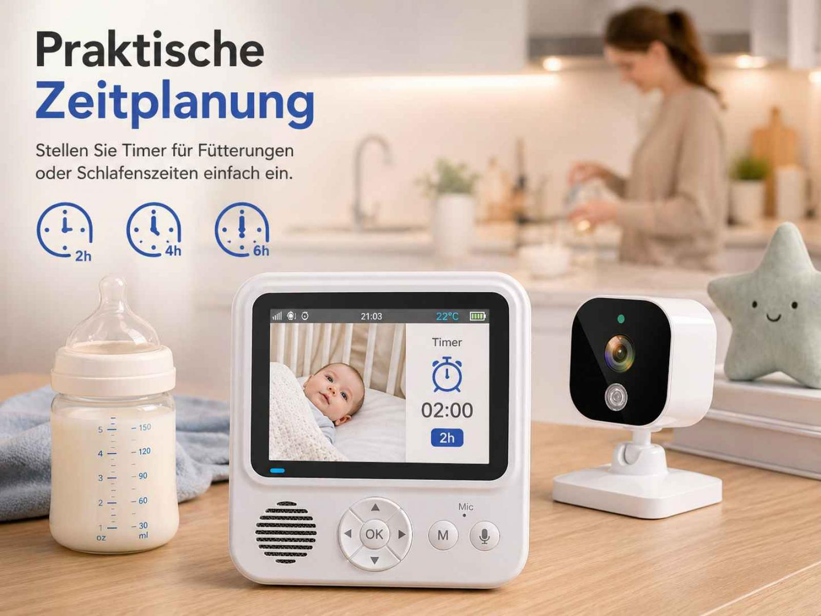 Babyphone mit Monitor, Kamera, Milchflasche und Timer-Funktion