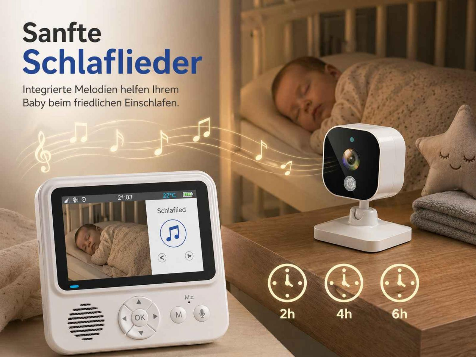 Babyphone mit Kamera und Monitor zeigt schlafendes Baby, Musiknoten und Zeitintervalle.