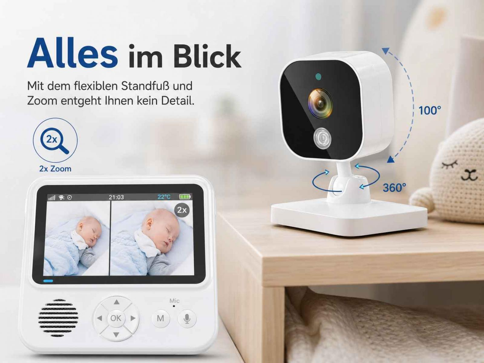 Ein Babyfon mit Kamera und Monitor zeigt zwei schlafende Babys. Die Kamera ist schwenkbar.