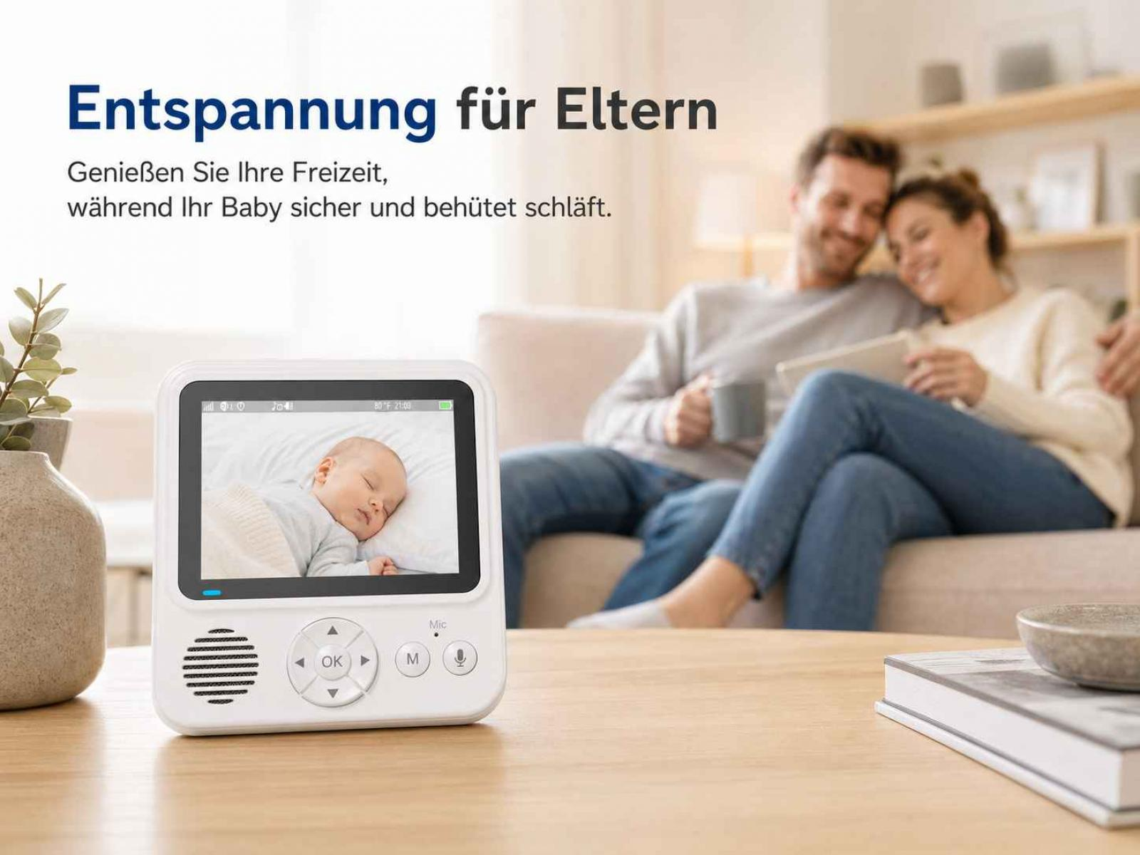 Ein Baby schläft auf dem Bildschirm eines Babyfons, Eltern im Hintergrund auf dem Sofa.