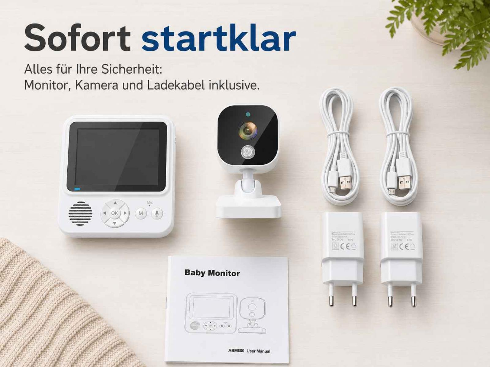 Babyphone mit Monitor, Kamera, Kabeln und Netzteilen.