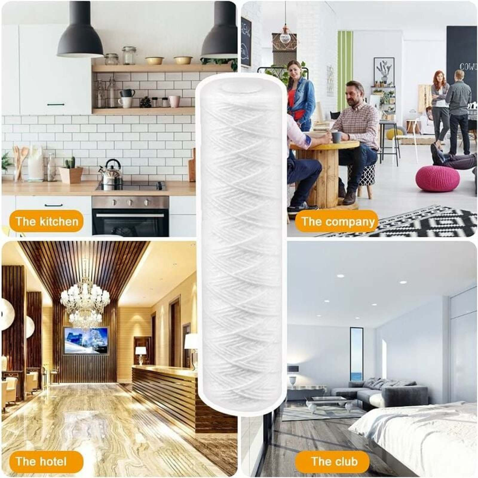 Collage: K üche, Büro, Hotel, Club und ein Wasserfilter.
