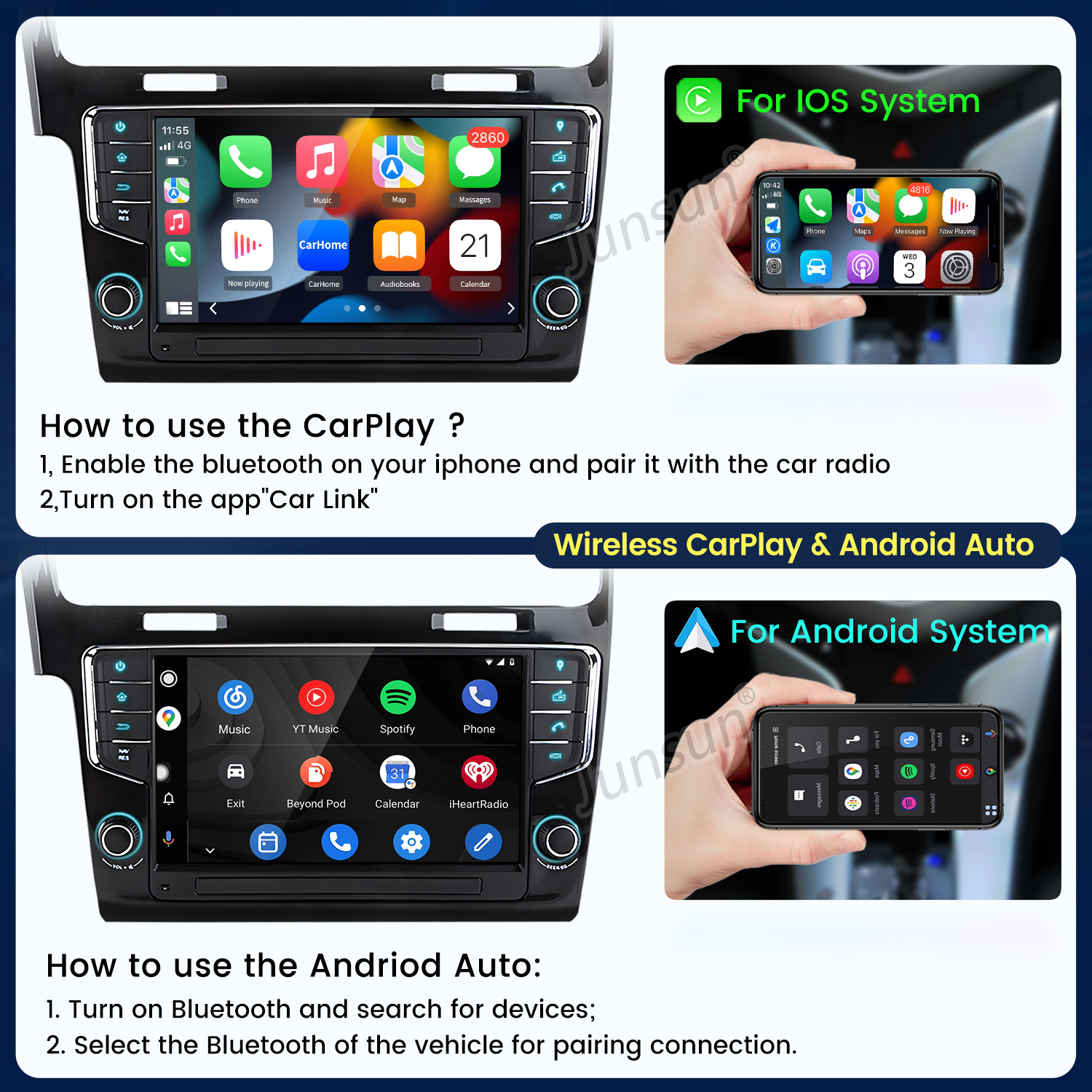 Obrazek przedstawia ekrany samochodowe z interfejsami CarPlay/Android Auto i instrukcjami.