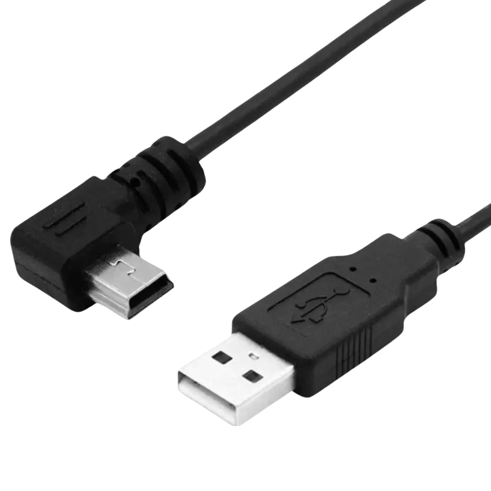 Ein schwarzes USB-Kabel mit einem gewinkelten Micro-USB-Stecker und einem Standard-USB-A-Stecker.