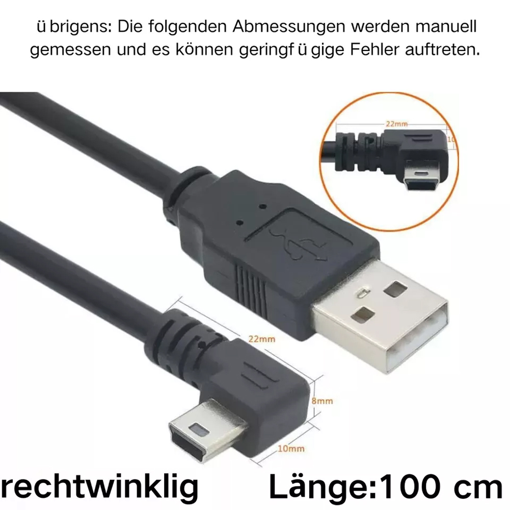 Schwarzes USB-Kabel mit rechtwinkligem Micro-USB-Stecker. 100cm lang.