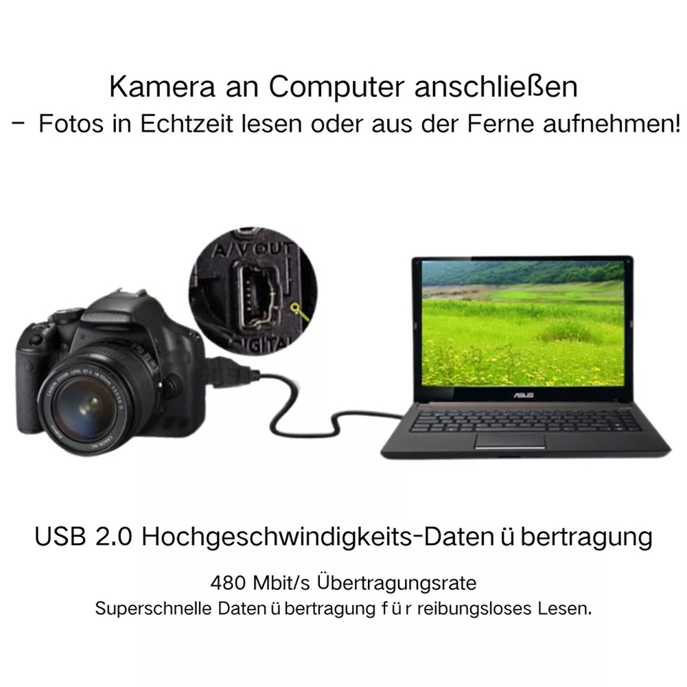 Schwarze Kamera mit Kabel an Laptop angeschlossen, der ein grünes Feld anzeigt.
