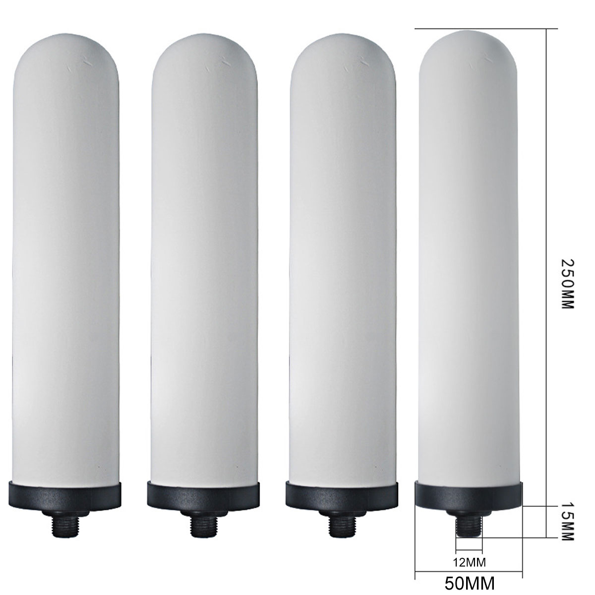 Vier weiße Keramikfilter mit schwarzen Gewindeanschlüssen, 250mm lang.