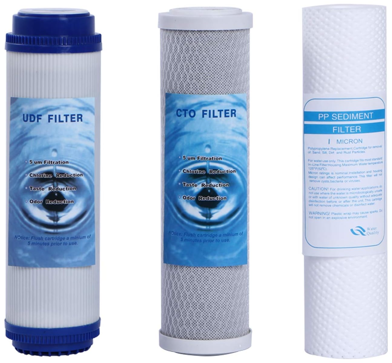 Drei Wasserfilterpatronen nebeneinander: UDF, CTO und PP-Sedimentfilter.