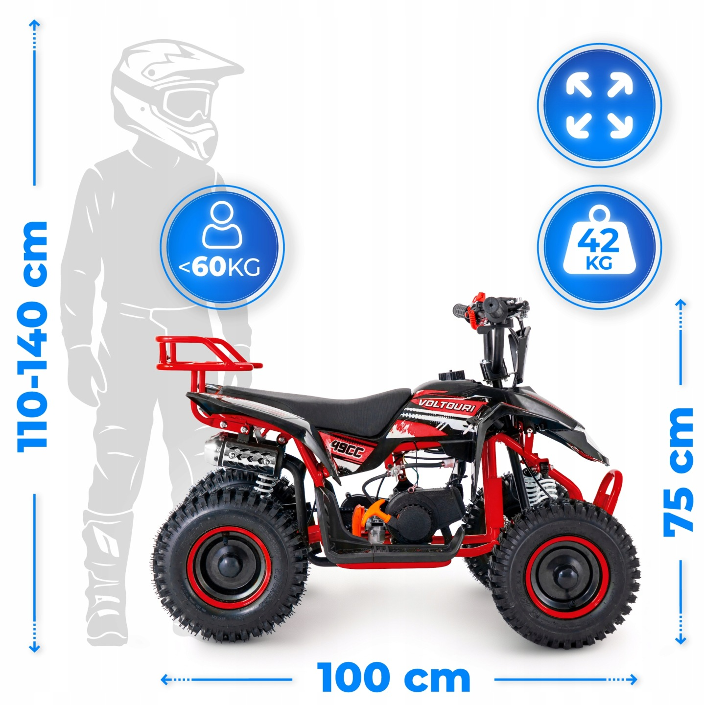 Czerwono-czarny quad z sylwetką kierowcy, wymiarami i wskaźnikiem wagi.