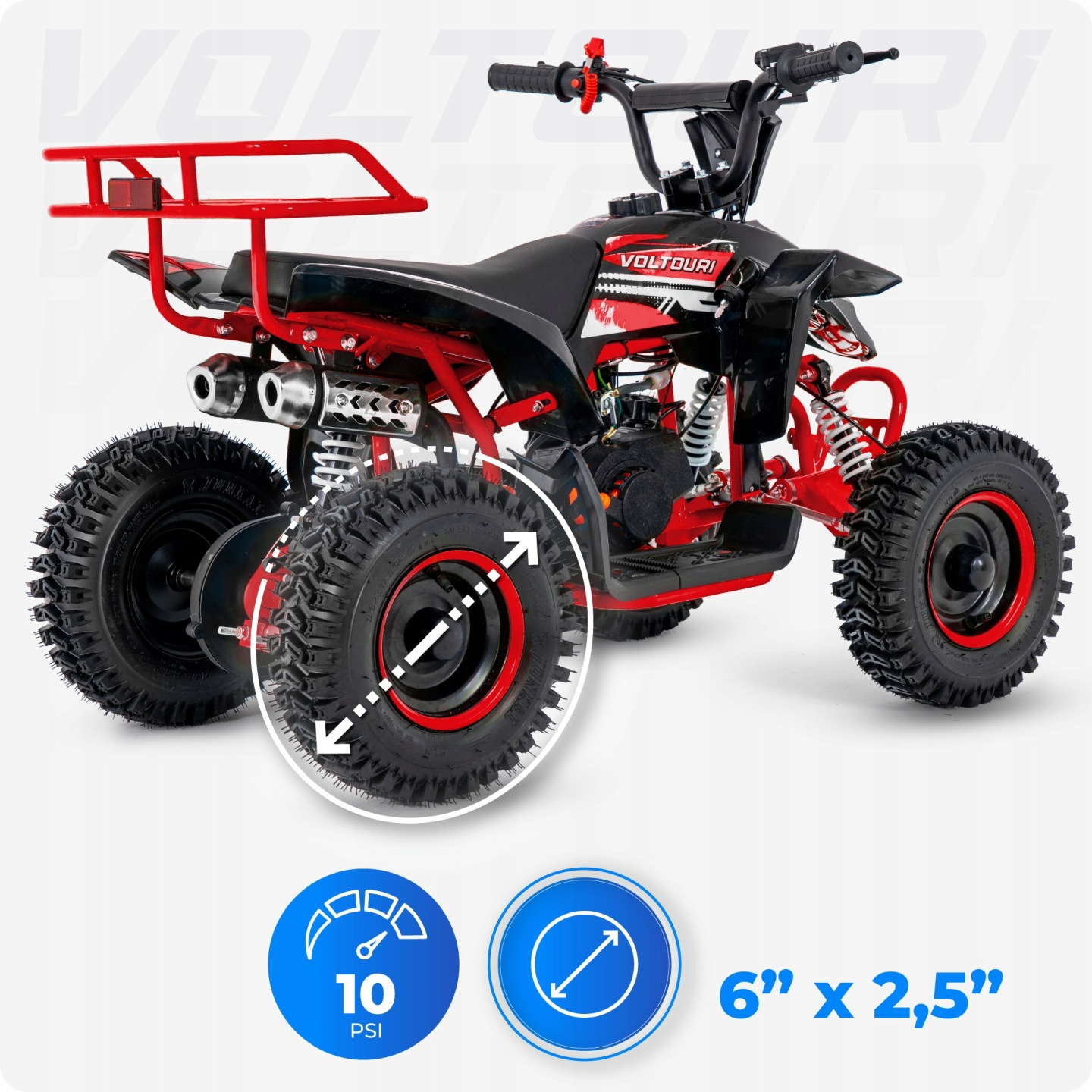 Czerwono-czarny quad z dużymi oponami, podwójnym wydechem i bagażnikiem.