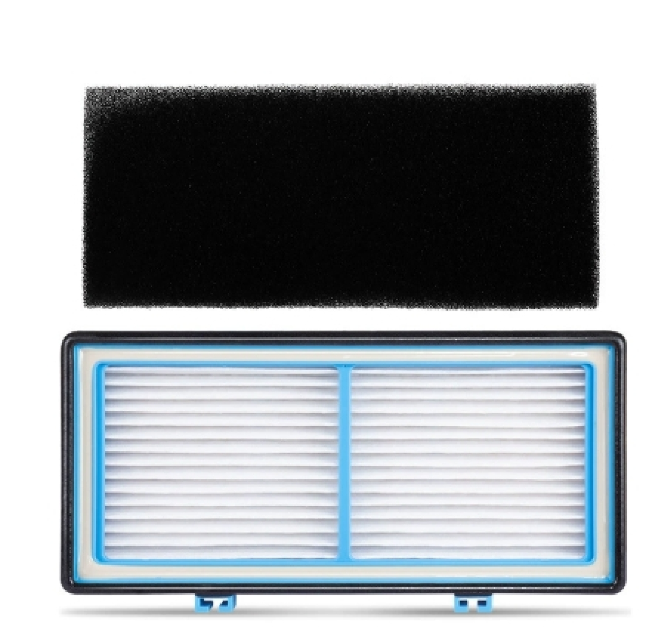 Schwarzer Schaumstofffilter und weißer HEPA-Filter mit blauem Rahmen.