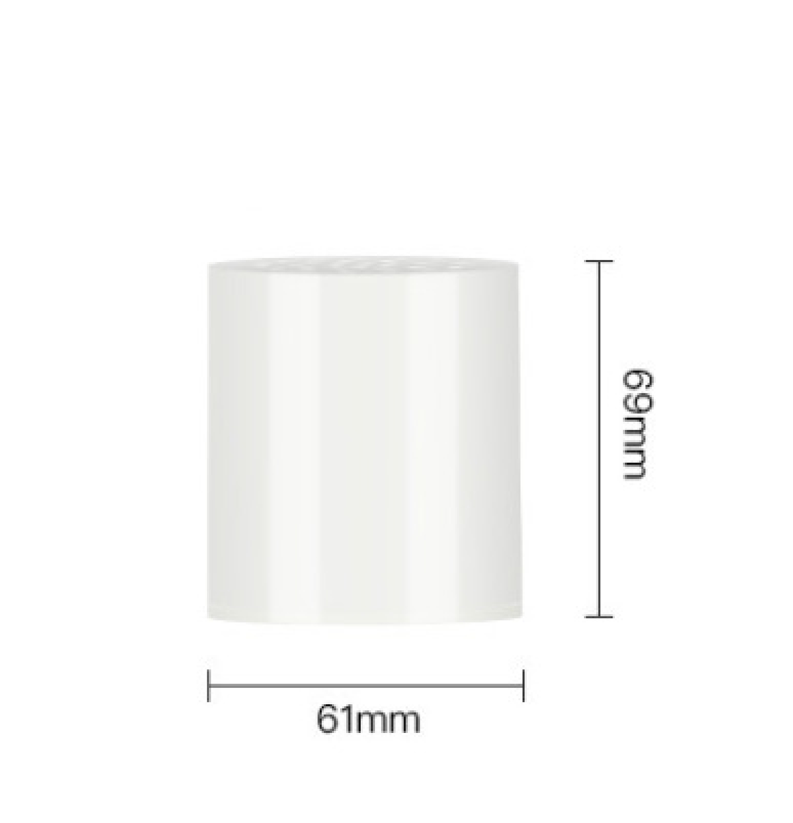 Ein weißer zylindrischer Gegenstand mit Maßen von 61mm Breite und 69mm Höhe.