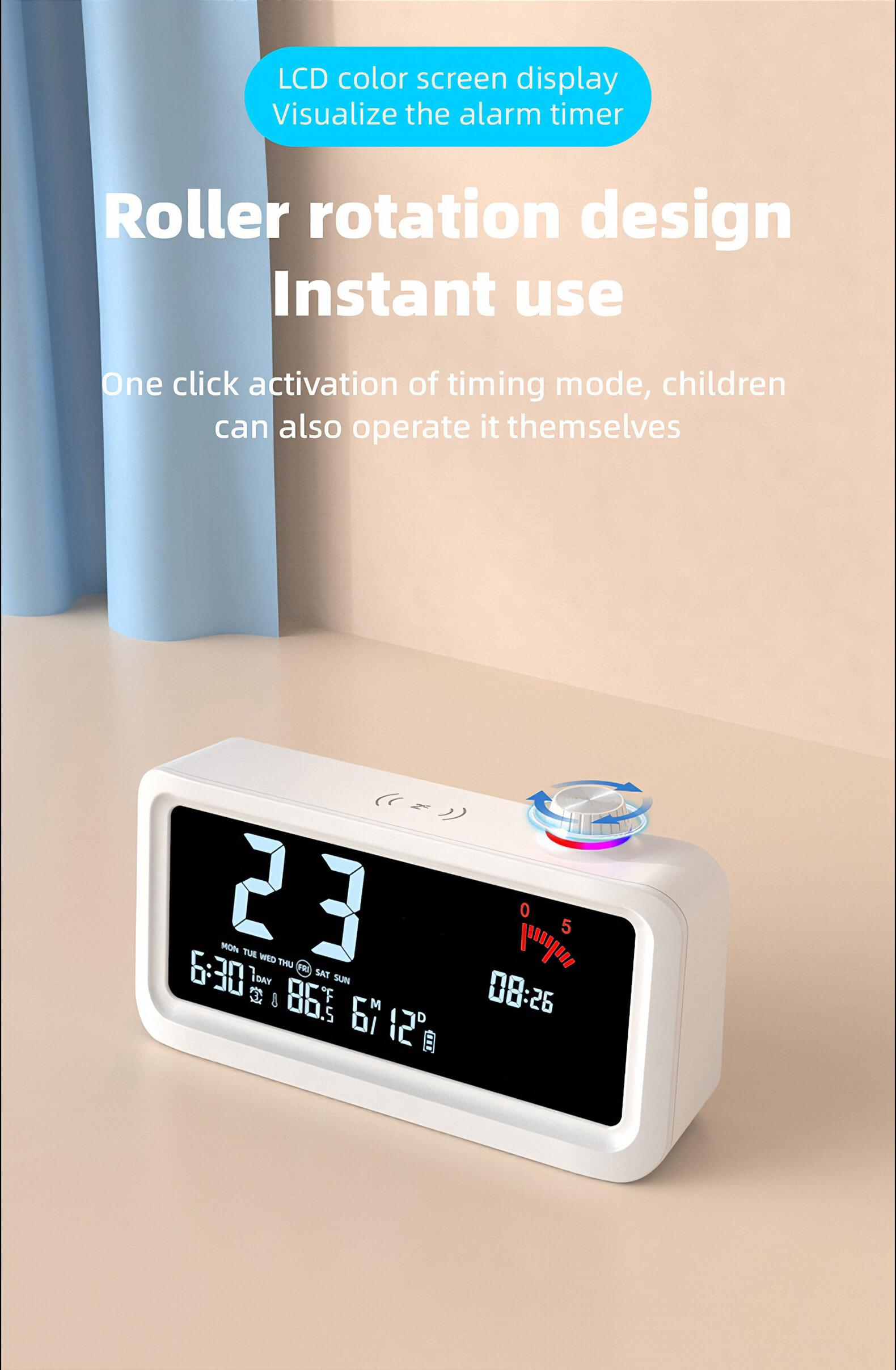 Weier digitaler Wecker mit LCD-Bildschirm, der Uhrzeit, Datum, Temperatur und Akku anzeigt.