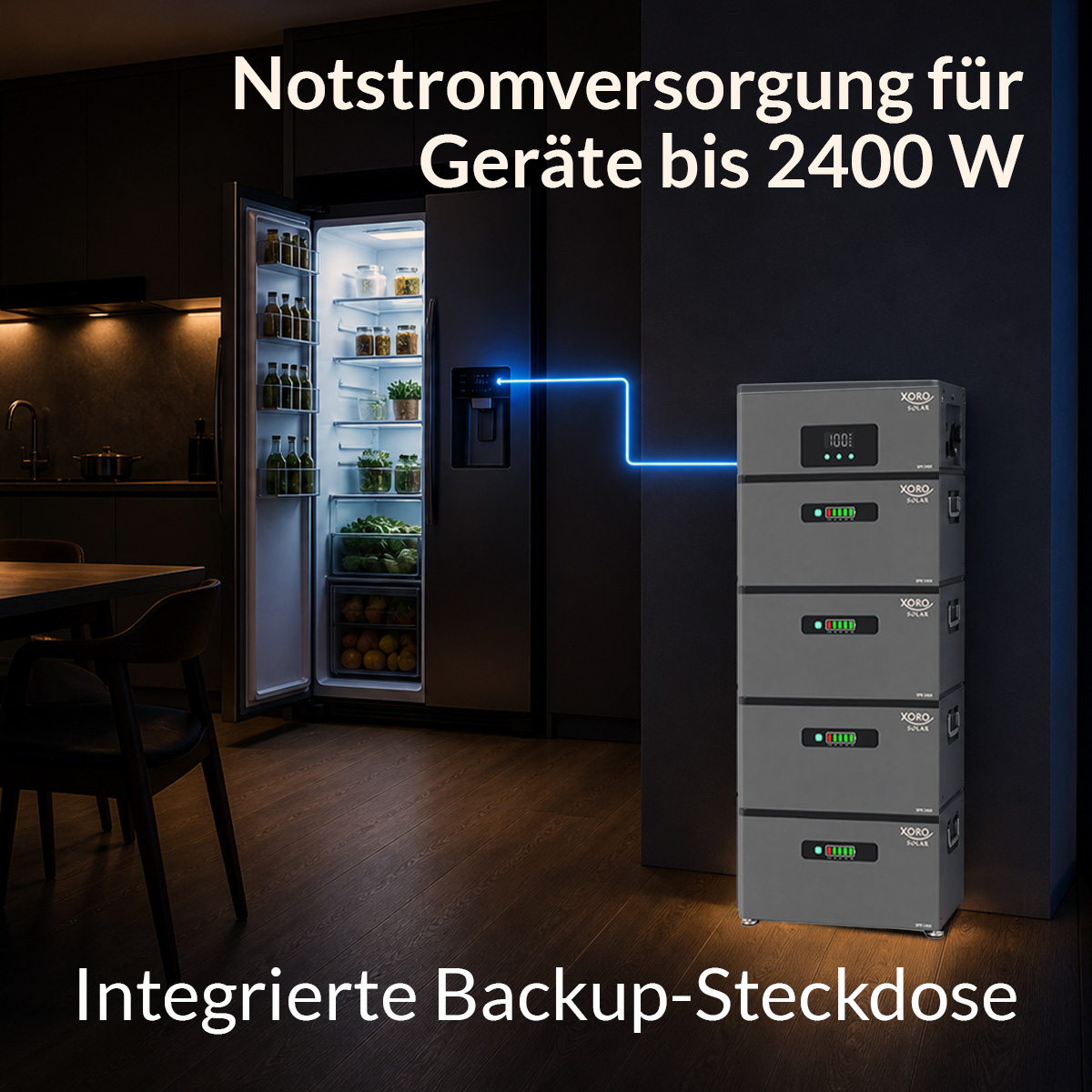 Ein offener Kühlschrank neben einem Stapel von fünf Speichergeräten, verbunden durch ein Kabel.