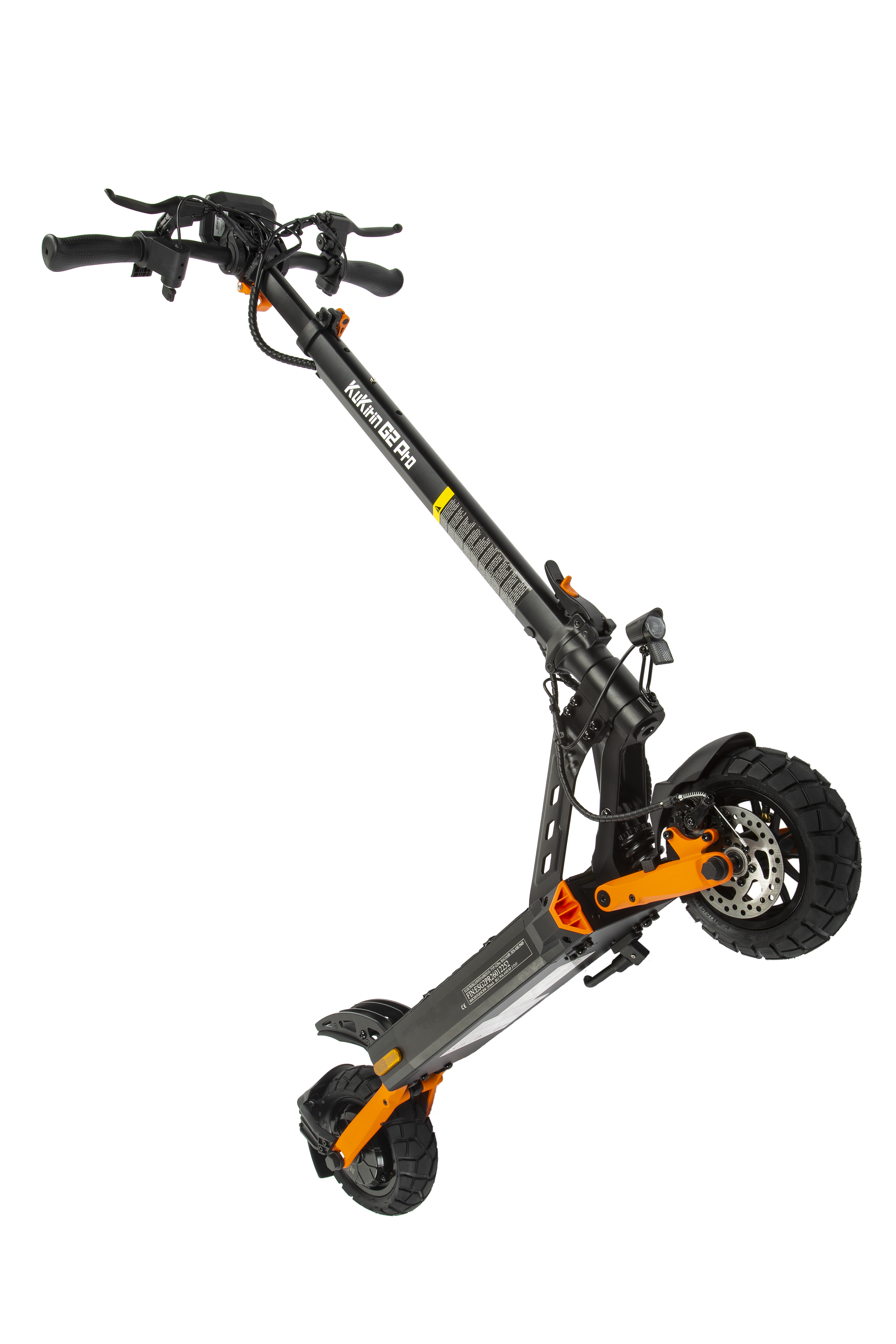 Ein schwarzer E-Scooter mit orangefarbenen Akzenten und großen Reifen.