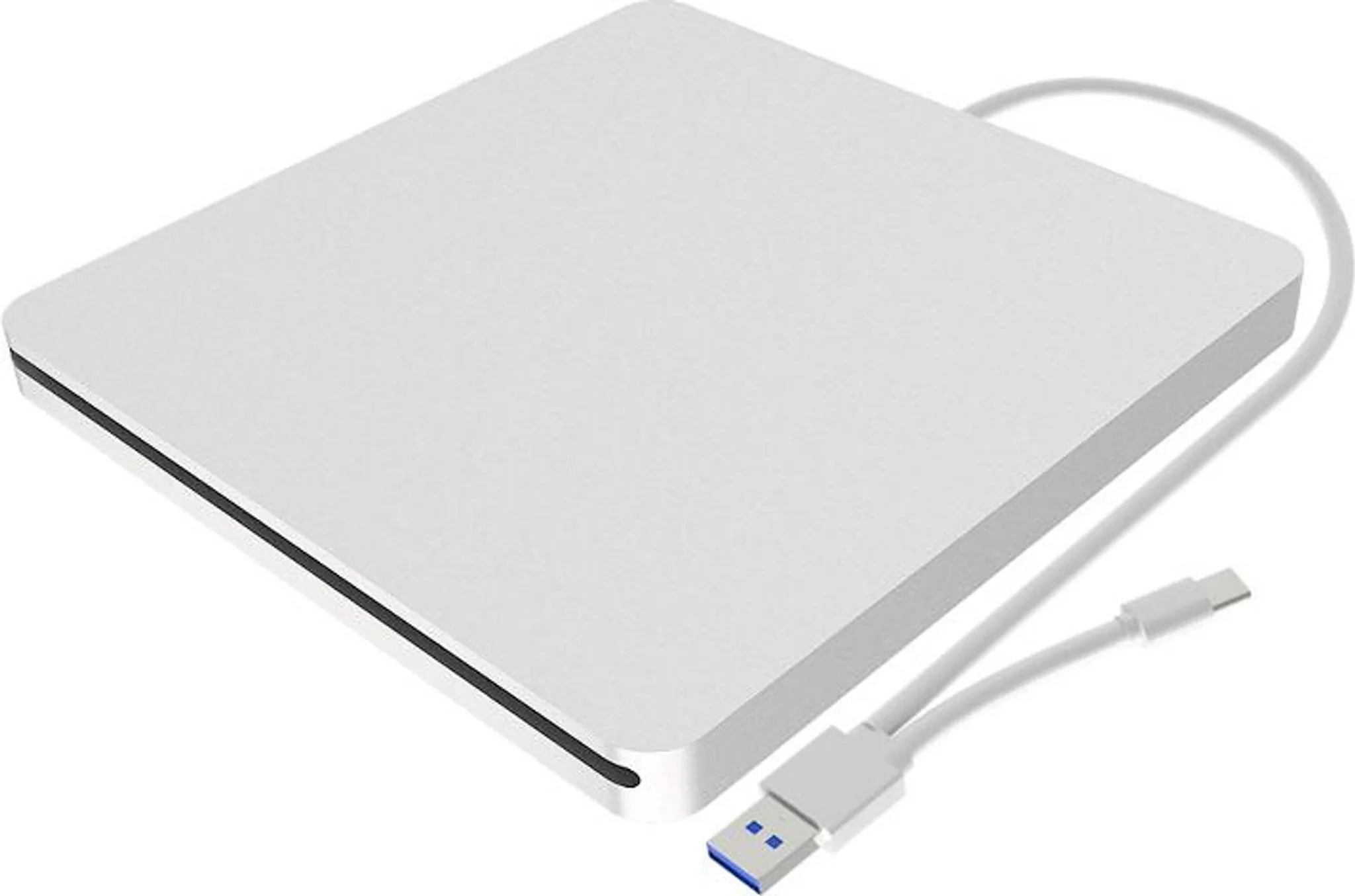 Ein schlankes, weißes externes CD/DVD-Laufwerk mit USB-C-Kabel auf weißem Hintergrund.