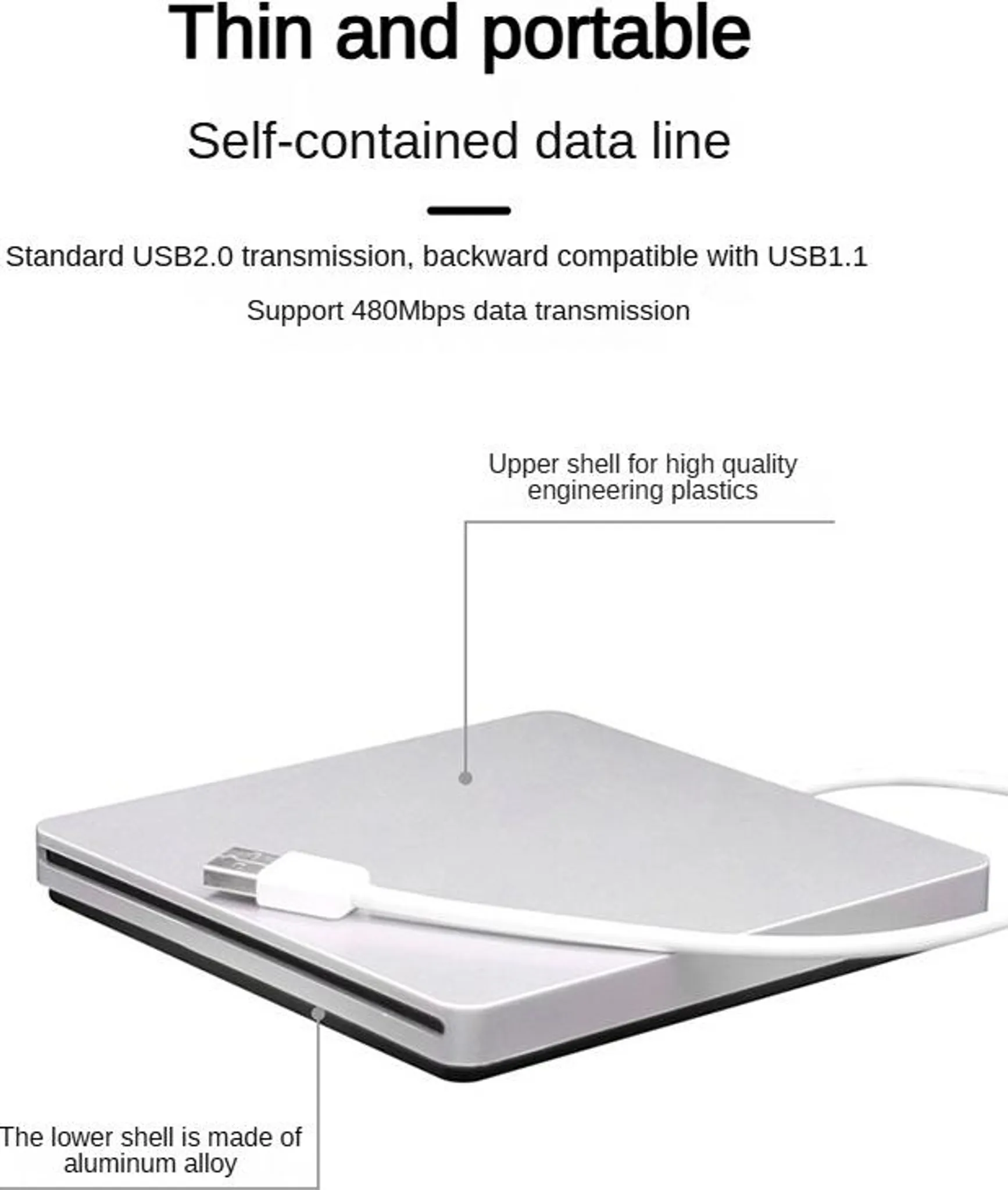 Dünnes, tragbares Gerät mit unterer Schale aus Aluminiumlegierung und oberer Schale aus Kunststoff, mit USB-Kabel.