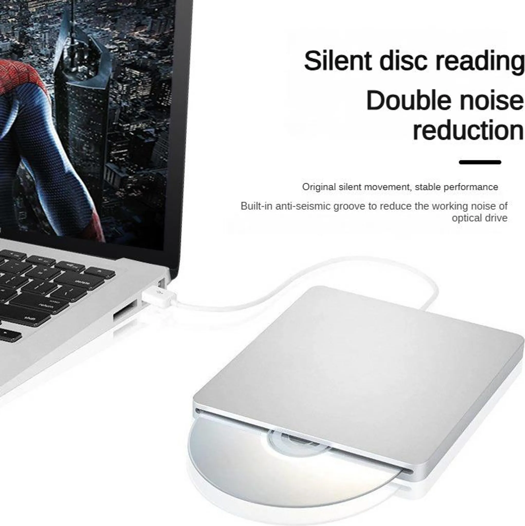 Ein silbernes externes CD-Laufwerk ist über ein weißes Kabel mit einem Laptop verbunden.