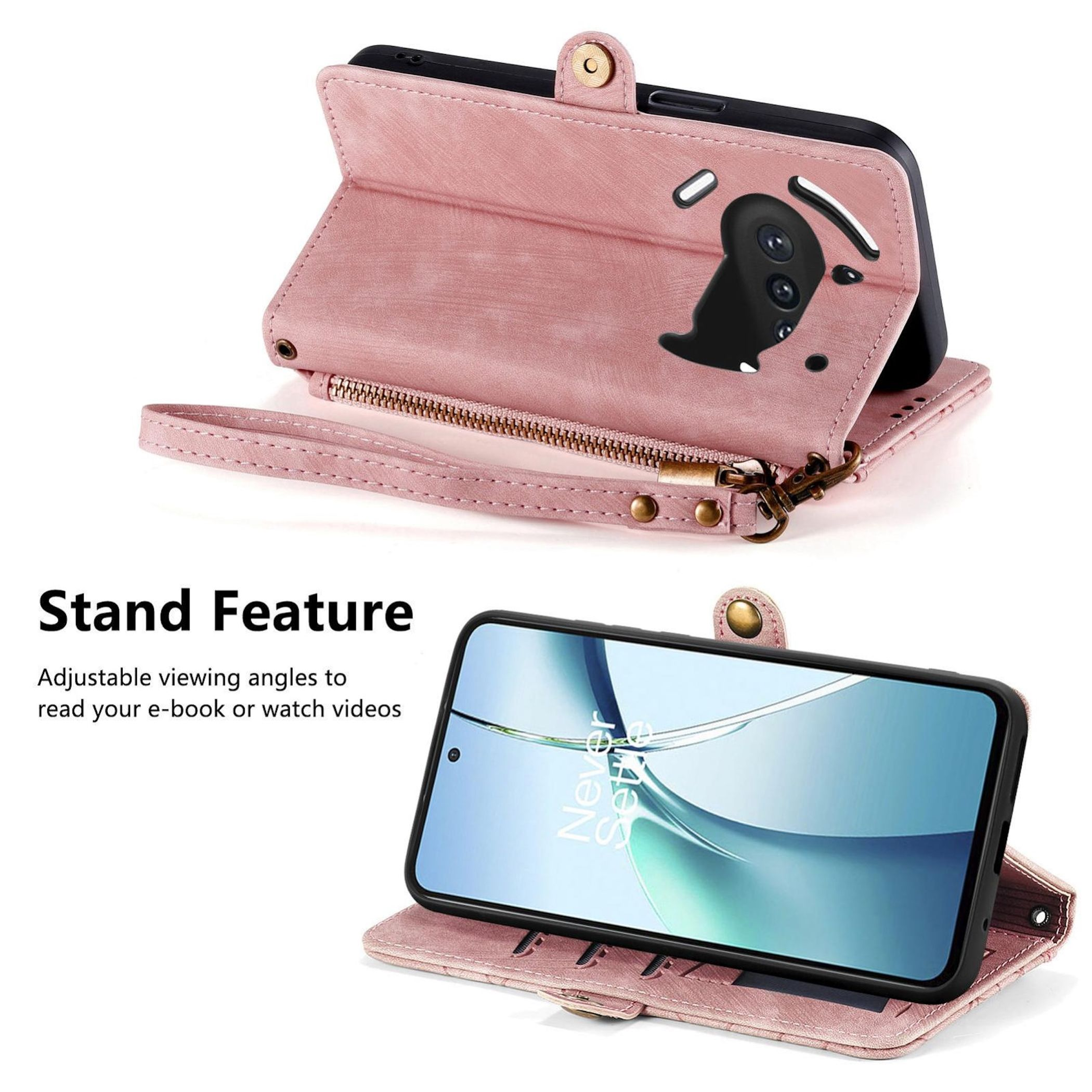 Funda rosa para teléfono con función de soporte y cremallera. El teléfono 