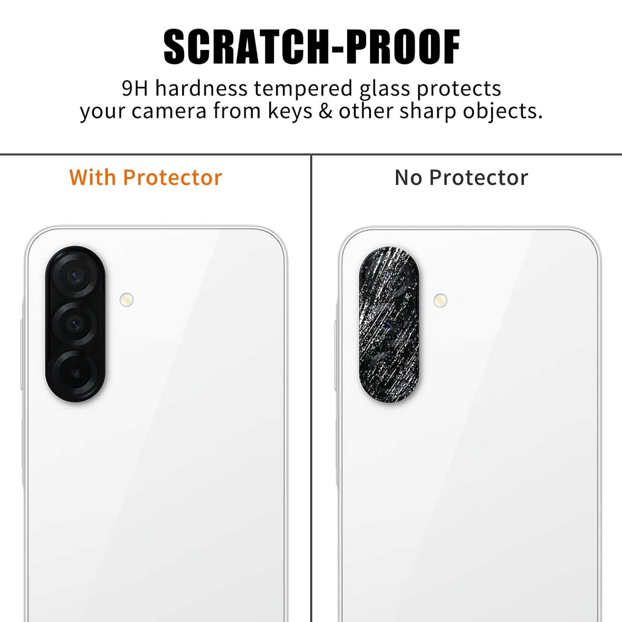Vergleich zweier Handy-Kameramodule: eins mit Schutz, eins zerkratzt.