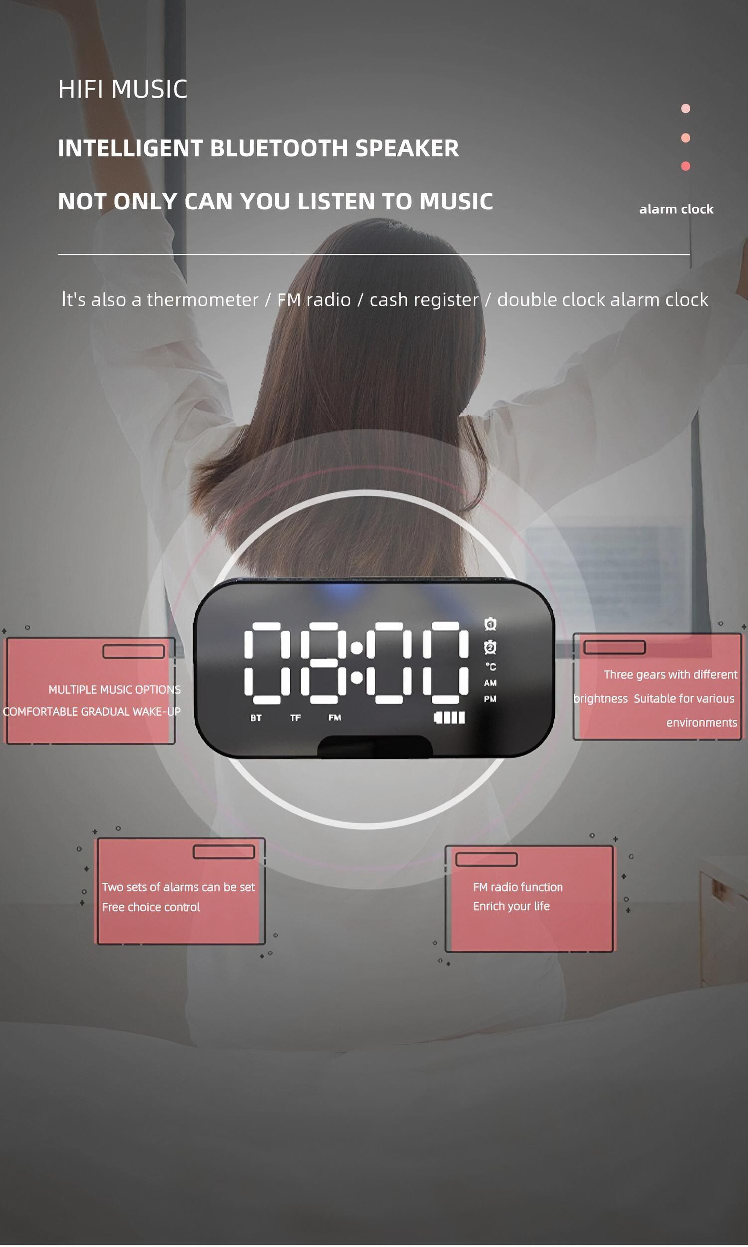 Moderner Weckerlautsprecher mit digitaler Anzeige 08:00, Merkmale aufgelistet.