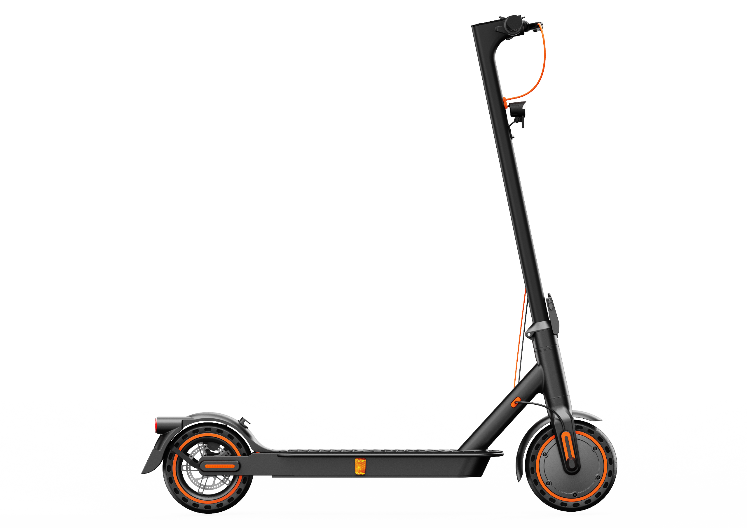 Ein schwarzer Elektroroller mit orangefarbenen Akzenten auf schwarzem Hintergrund.