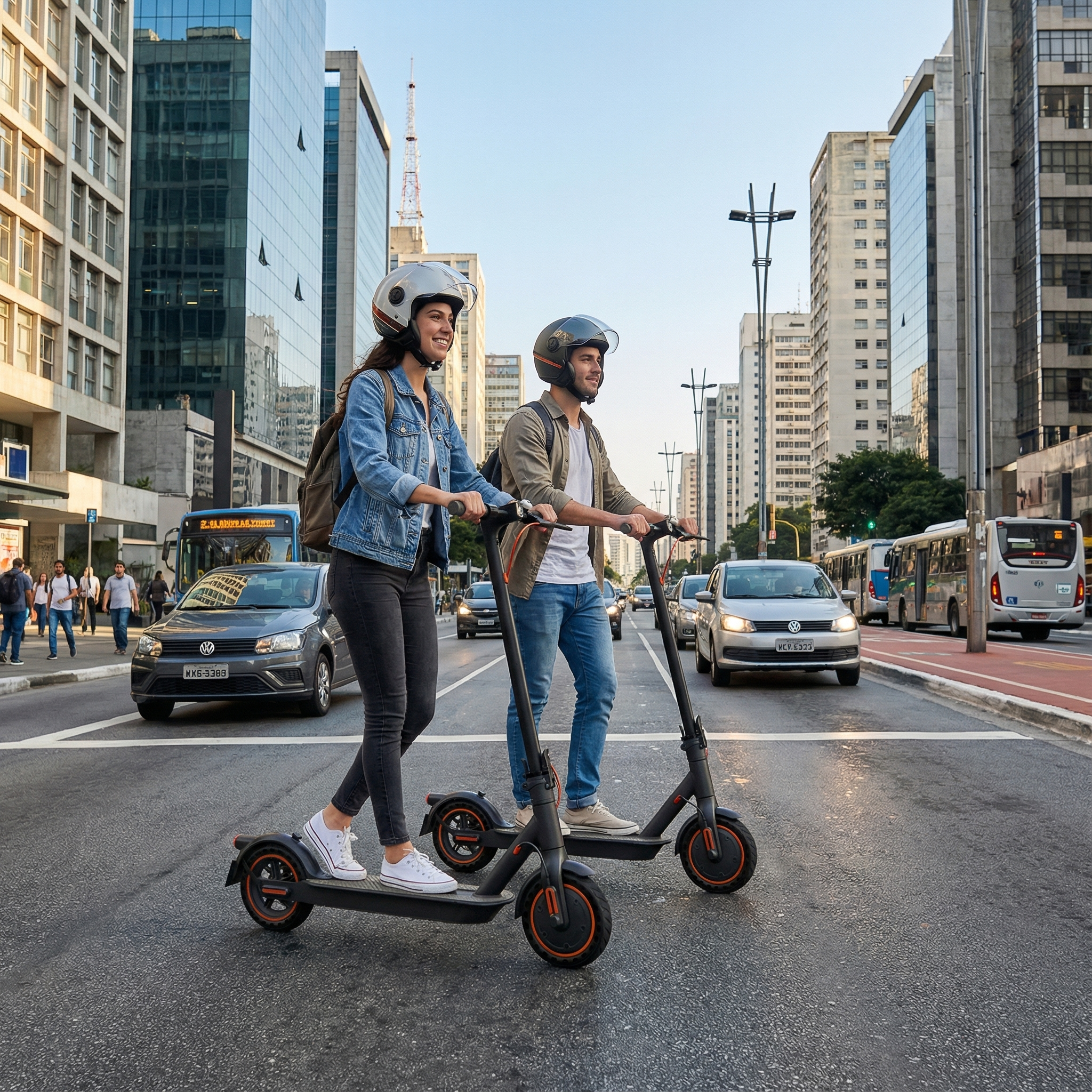 Zwei Personen auf Elektrorollern in Stadtstraße mit Autos und Gebäuden.