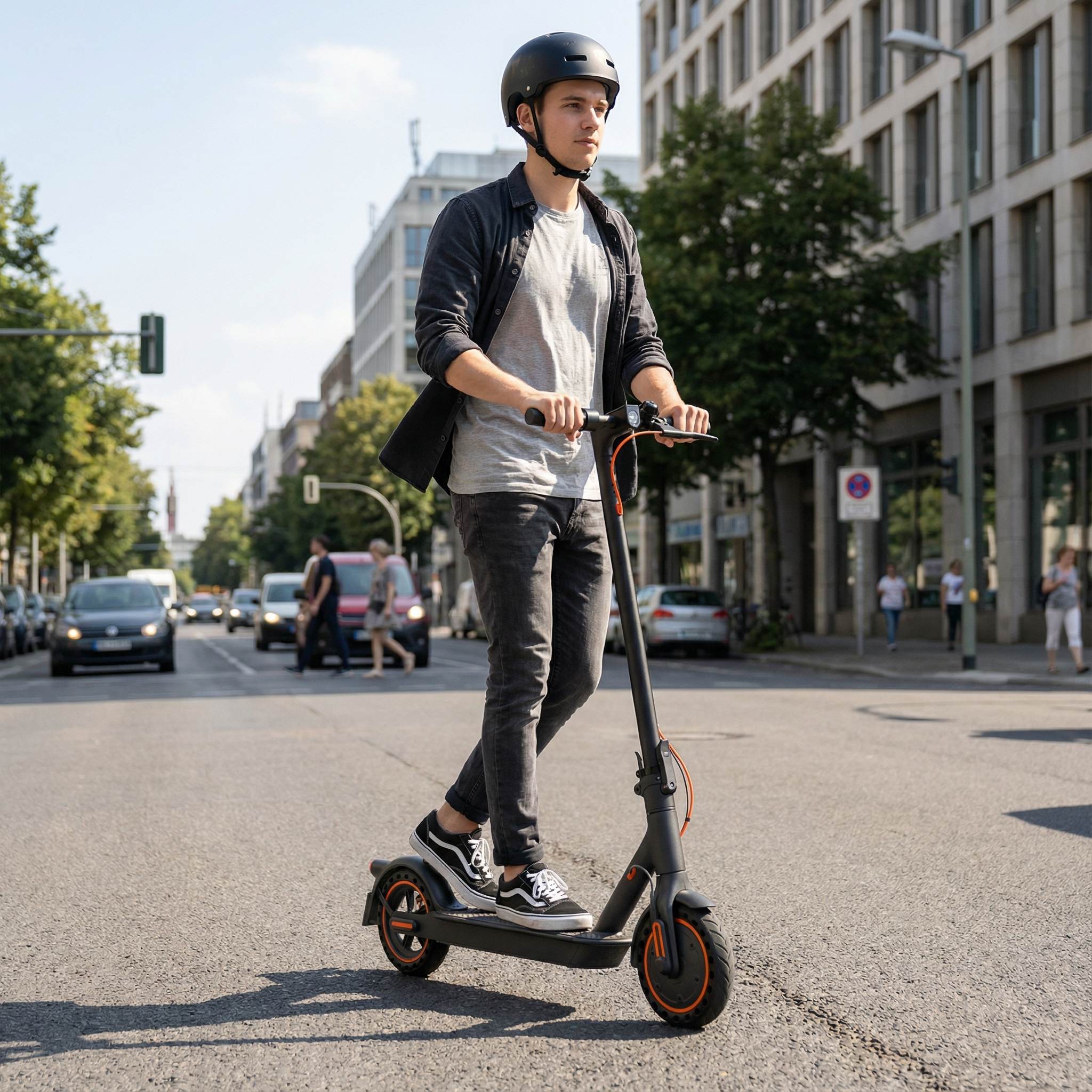 Ein Mann mit Helm fährt einen E-Scooter auf einer Stadtstraße mit Verkehr.