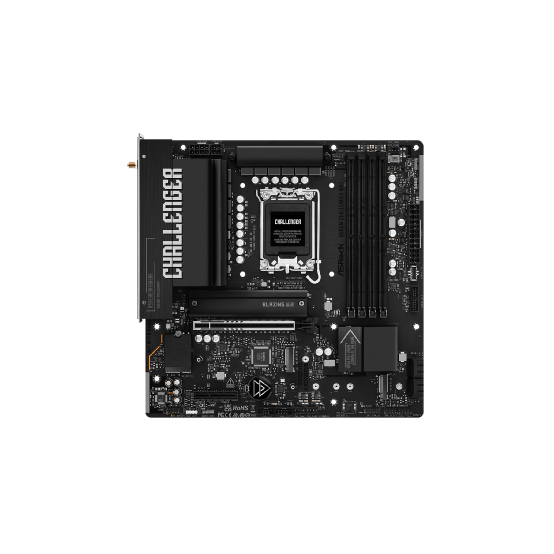 Scheda madre nera con socket CPU, slot RAM e connettori.