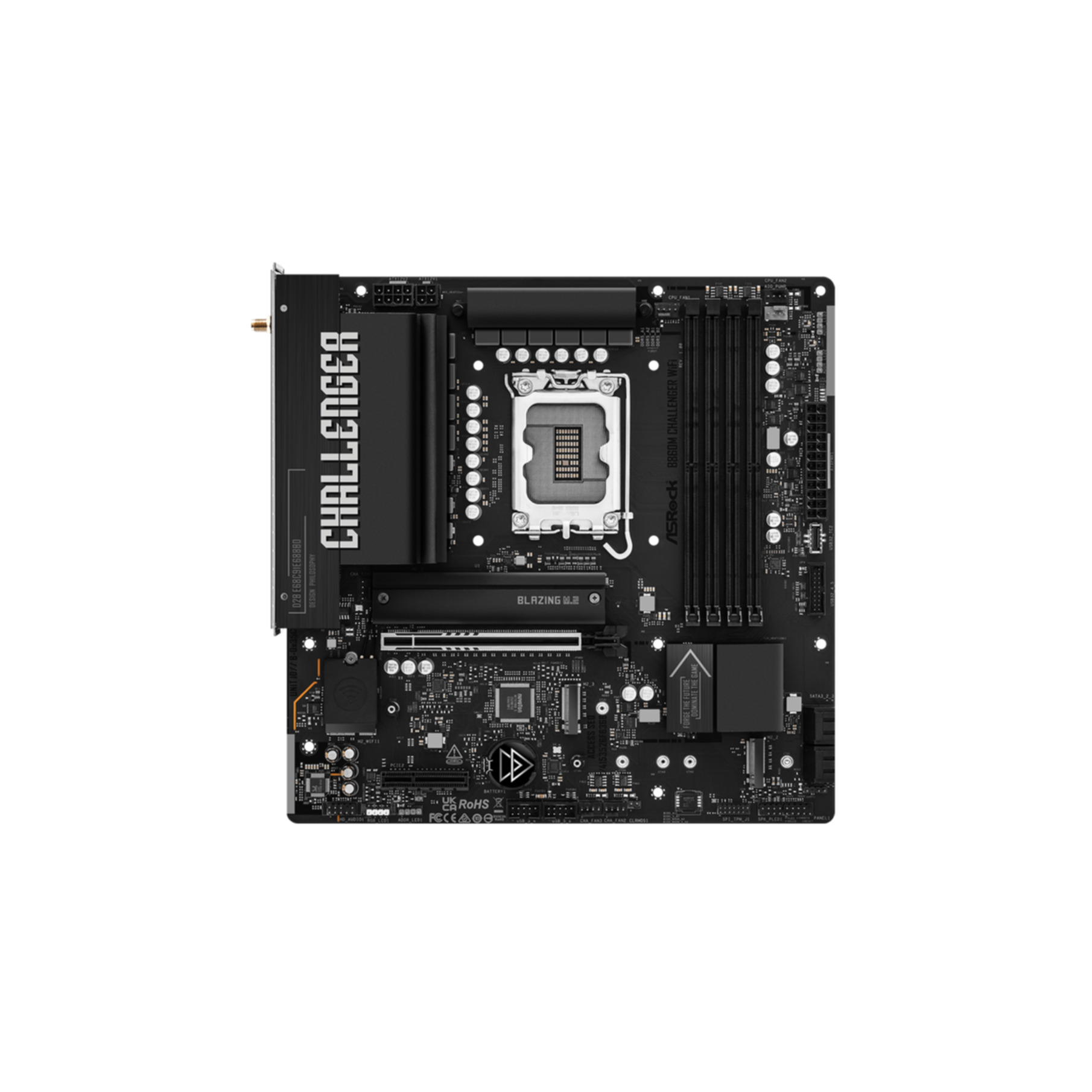 Una scheda madre nera con socket CPU, slot RAM e vari connettori.