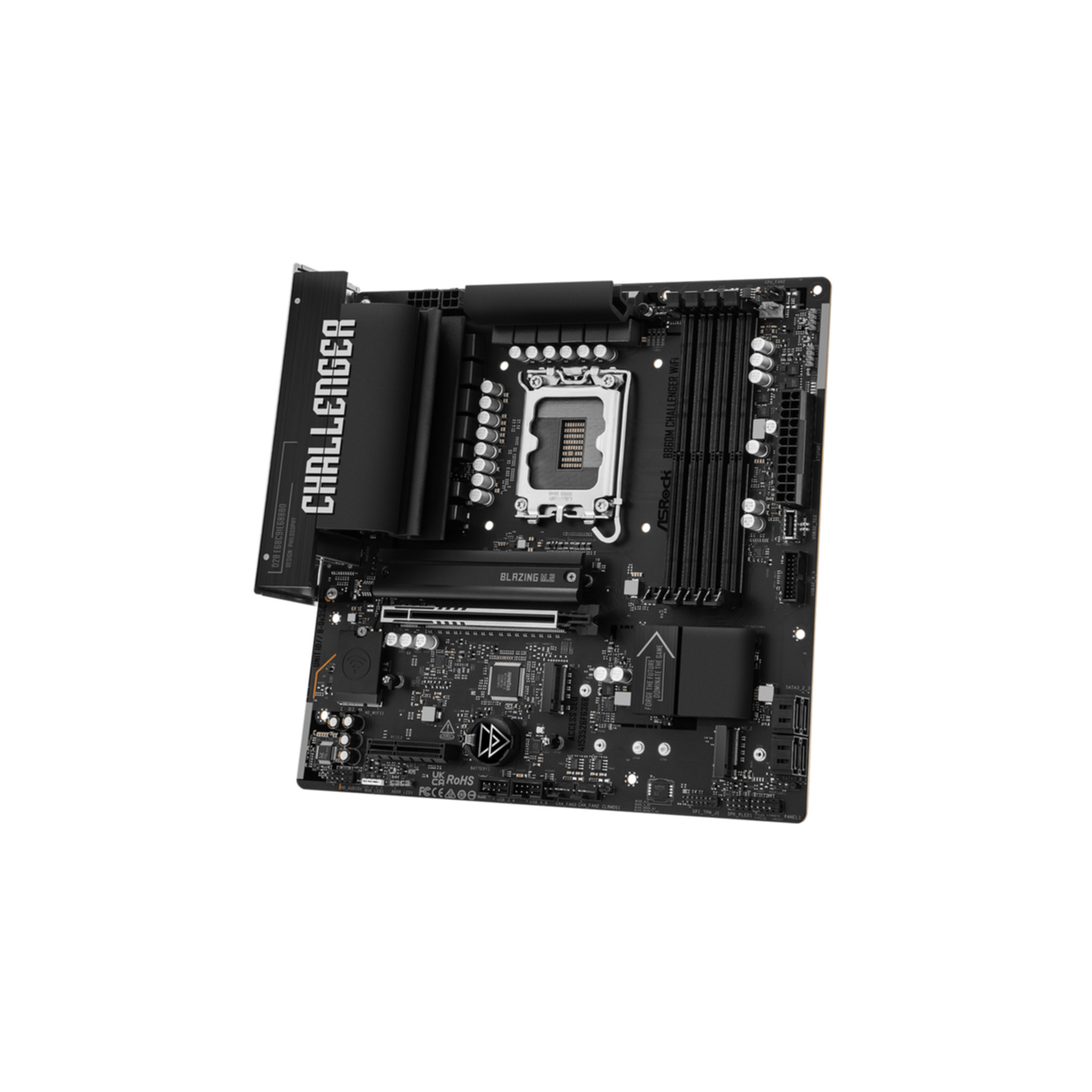 Scheda madre nera con dissipatori e porte, modello B860M CHALLENGER WIFI.