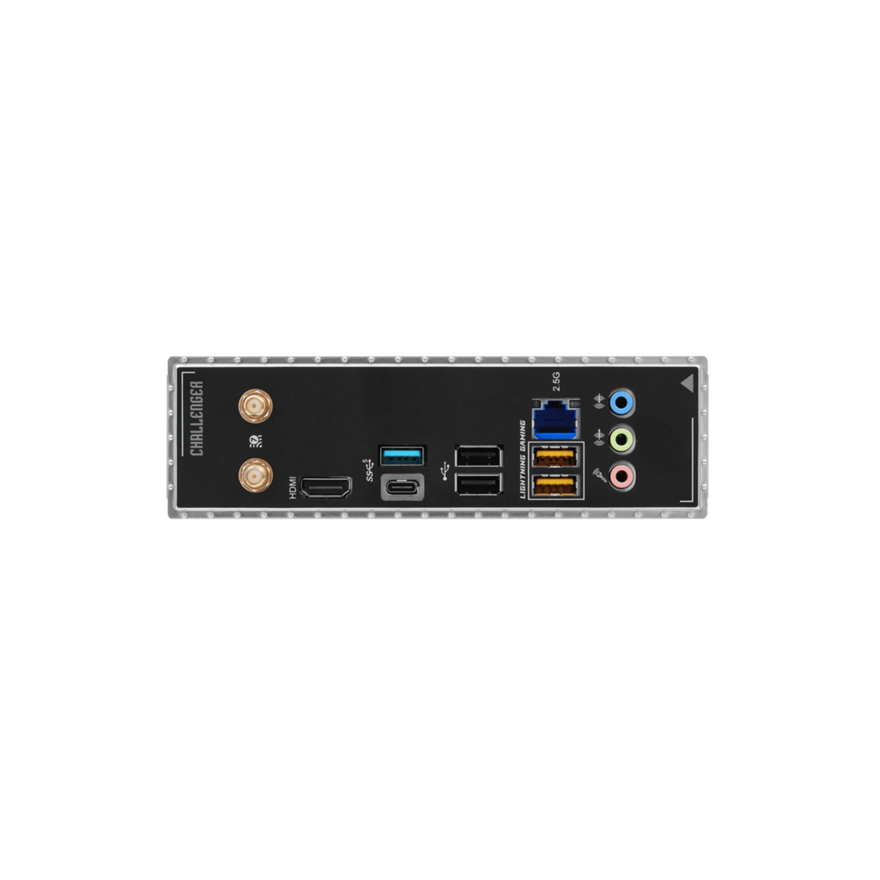 Retro di una scheda madre con porte: HDMI, USB, Ethernet e audio.