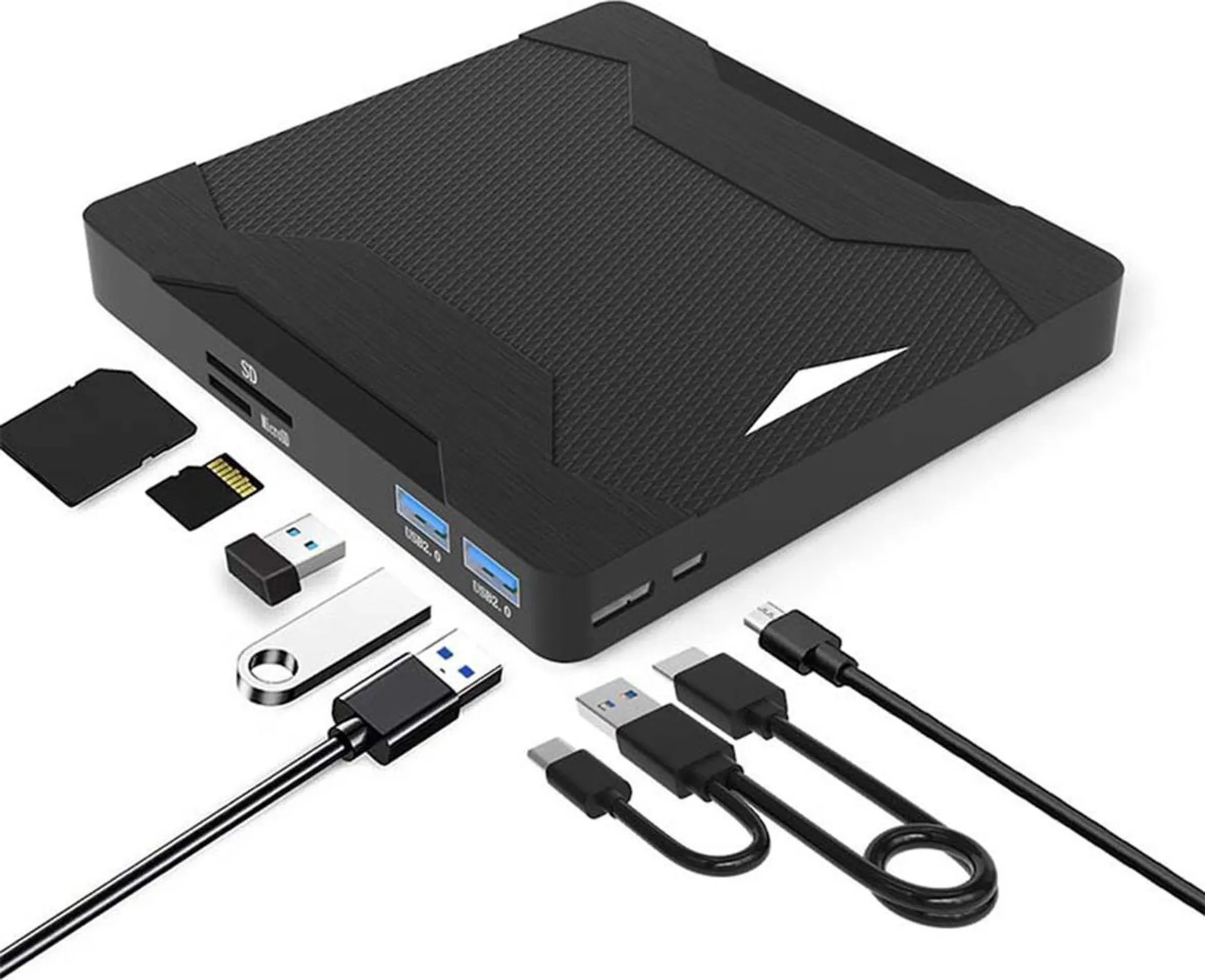 Schwarzes elektronisches Gerät mit SD-Kartenslot, USB-Anschlüssen und verschiedenen Kabeln.