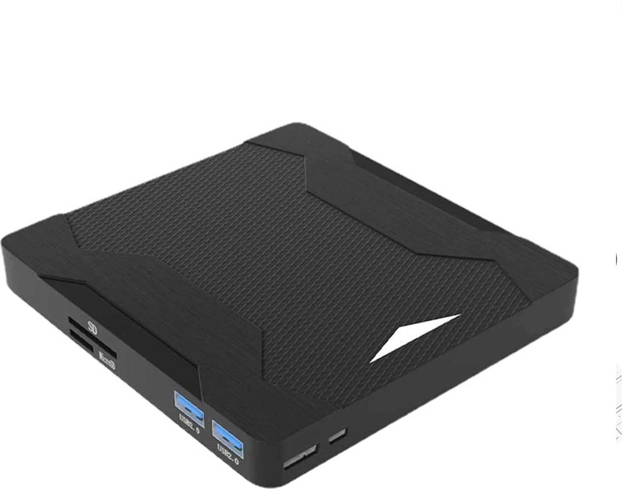 Schwarzer Mini-PC mit SD-Kartenleser und USB-Anschlüssen.